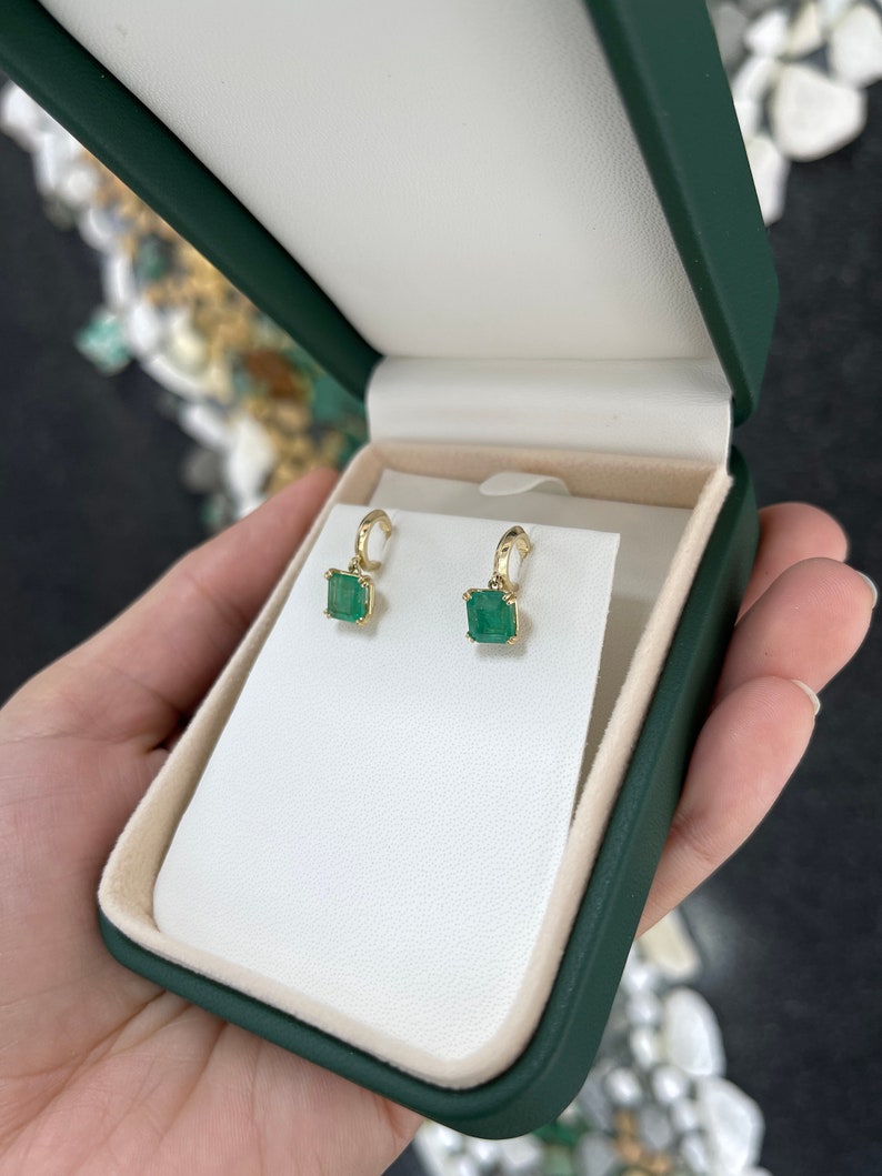 2.80tcw Natural Emerald Asscher Cut Knife Edge Huggie Dangle Earrings in 14K Gold - Perfect for Weddings, Parties & Special Occasions