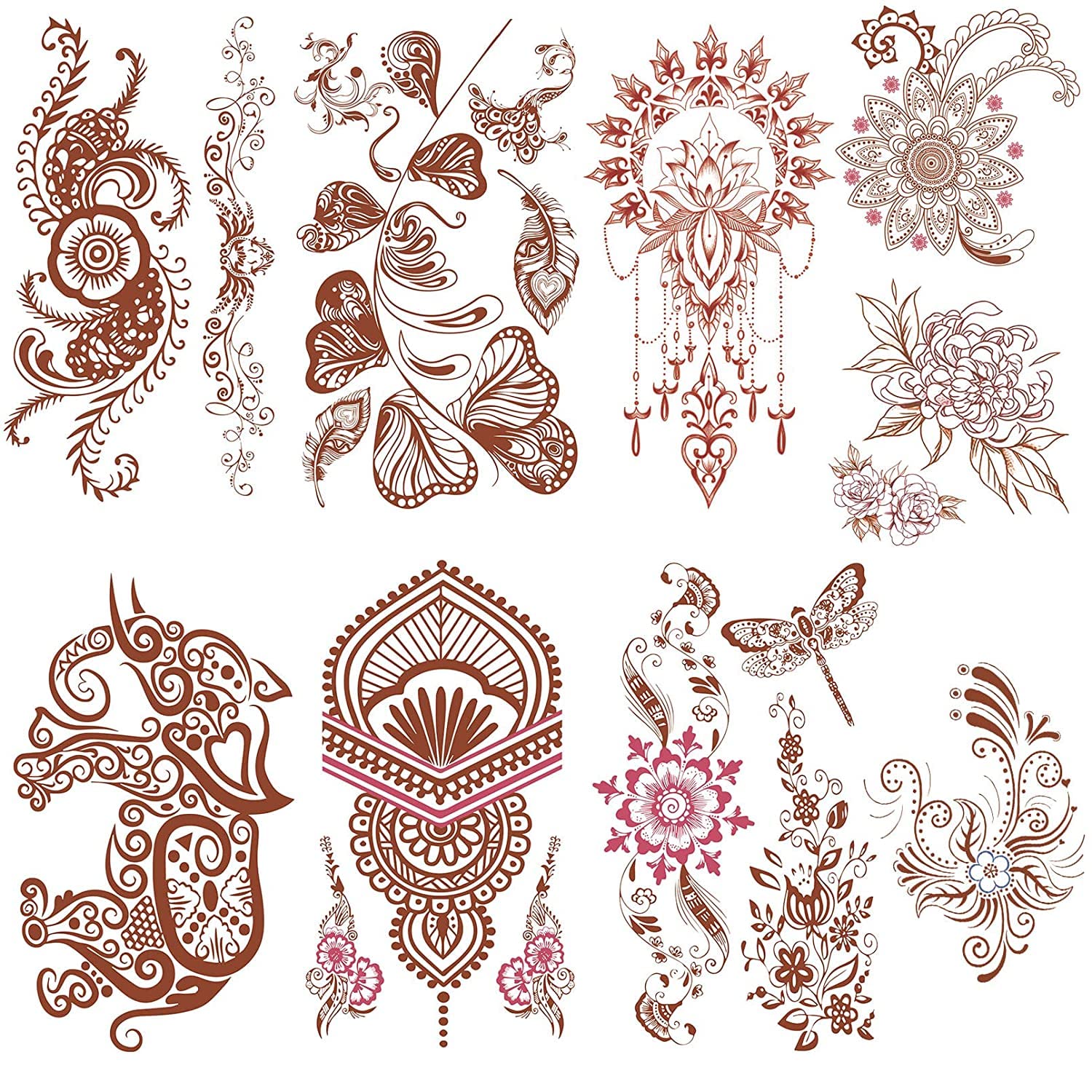 Waterproof Brown Henna Temporary Tattoo Stickers for Women - Long Lasting Fake Body Art - Perfect for Parties, Festivals, and Beach Vacations