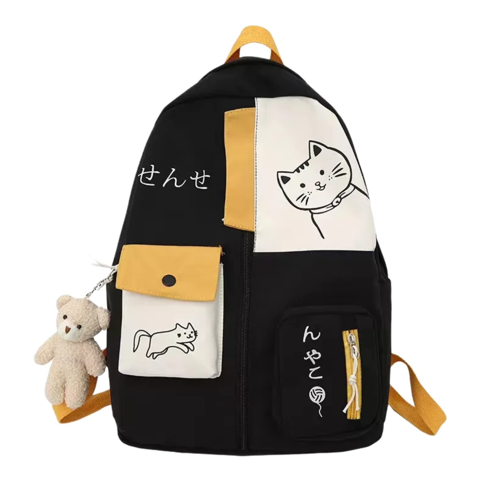 Cute Japanese Aesthetic Backpack for Teen Girls - Kawaii Bear Pendant Daypack, School Bag for High School & College (Black) | Perfect for School, Travel & Everyday Use
