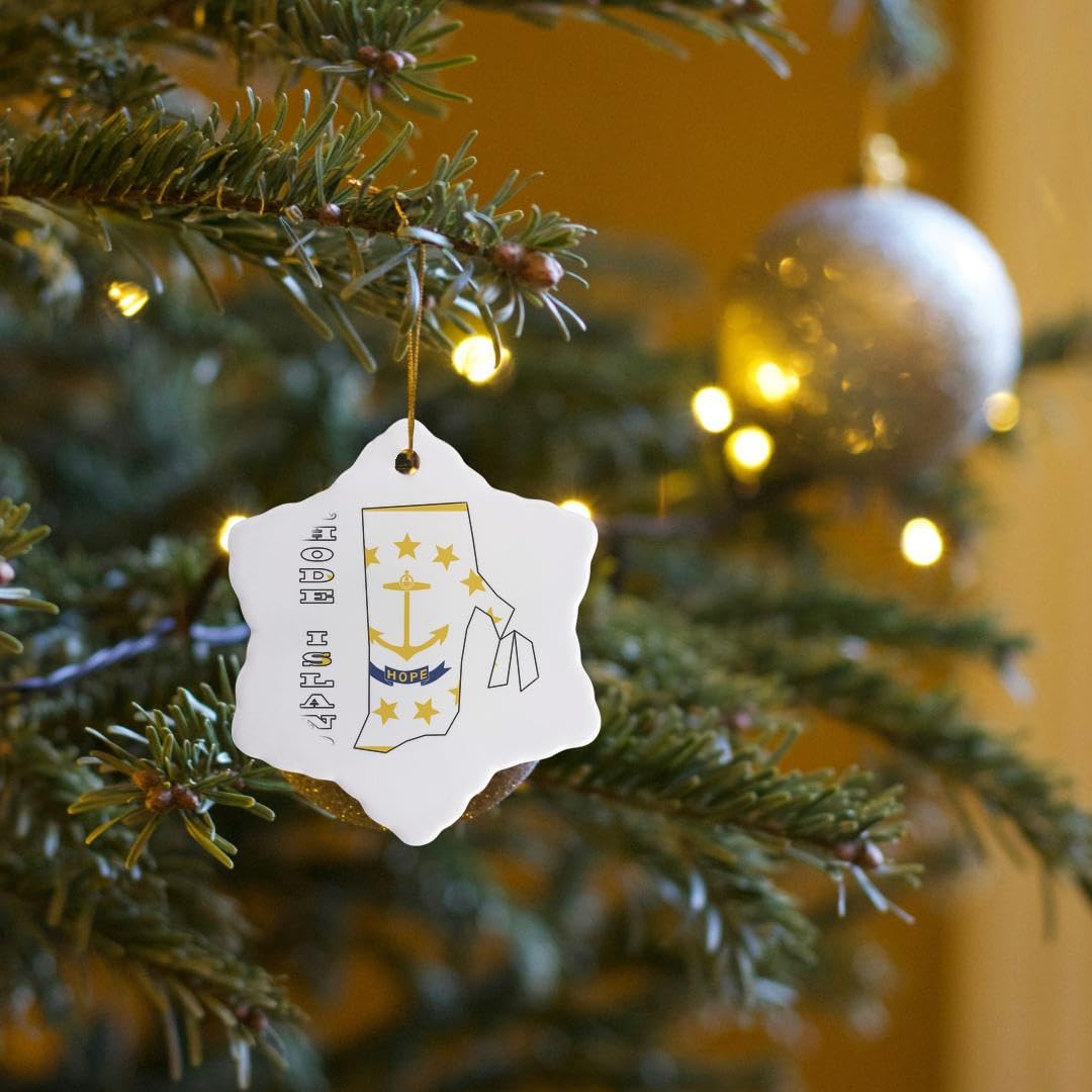 3D Rose Rhode Island State Flag Outline Map & Letters Porcelain Ornament - 3-Inch Snowflake Holiday Decoration for Christmas Tree, Gift & Home Décor