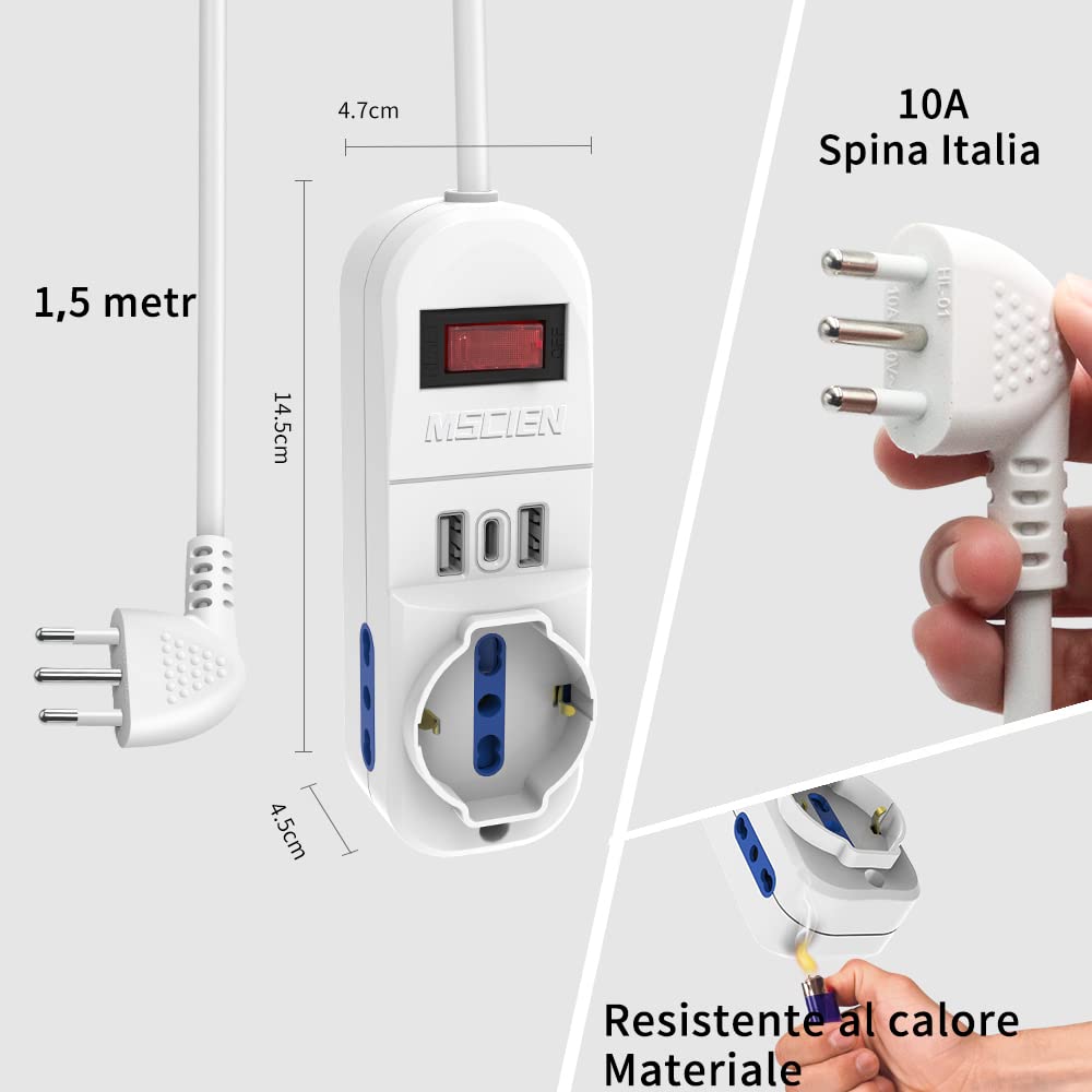 Mscie Multipurpose Travel Power Strip with 3 Outlets (1 Universal & 2 US/EU), 3 USB Ports (2 USB-A + 1 USB-C), Compact Design, White, 2500W/250V, 1.5m Cable - Perfect for Hotels, Dorms & International Travel