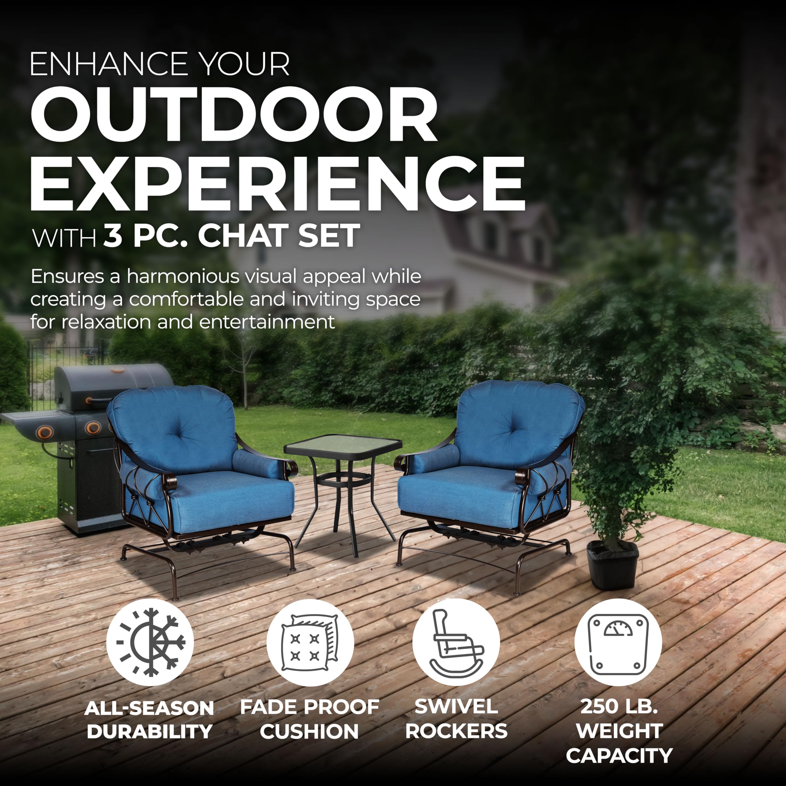 Uptown 3-Piece Outdoor Bistro Set with 2 Cushioned Metal Chairs & Square Table - Patio Garden Furniture for Porch, Balcony, and Backyard Relaxation