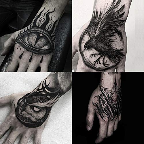 Oottati Waterproof Fake Temporary Tattoo Stickers - 4 Sheets with Eagle, Cat Eye, Owl & Black Fire Designs for Halloween, Parties & Costume Events - Long Lasting Hand & Body Art for Adults & Teens
