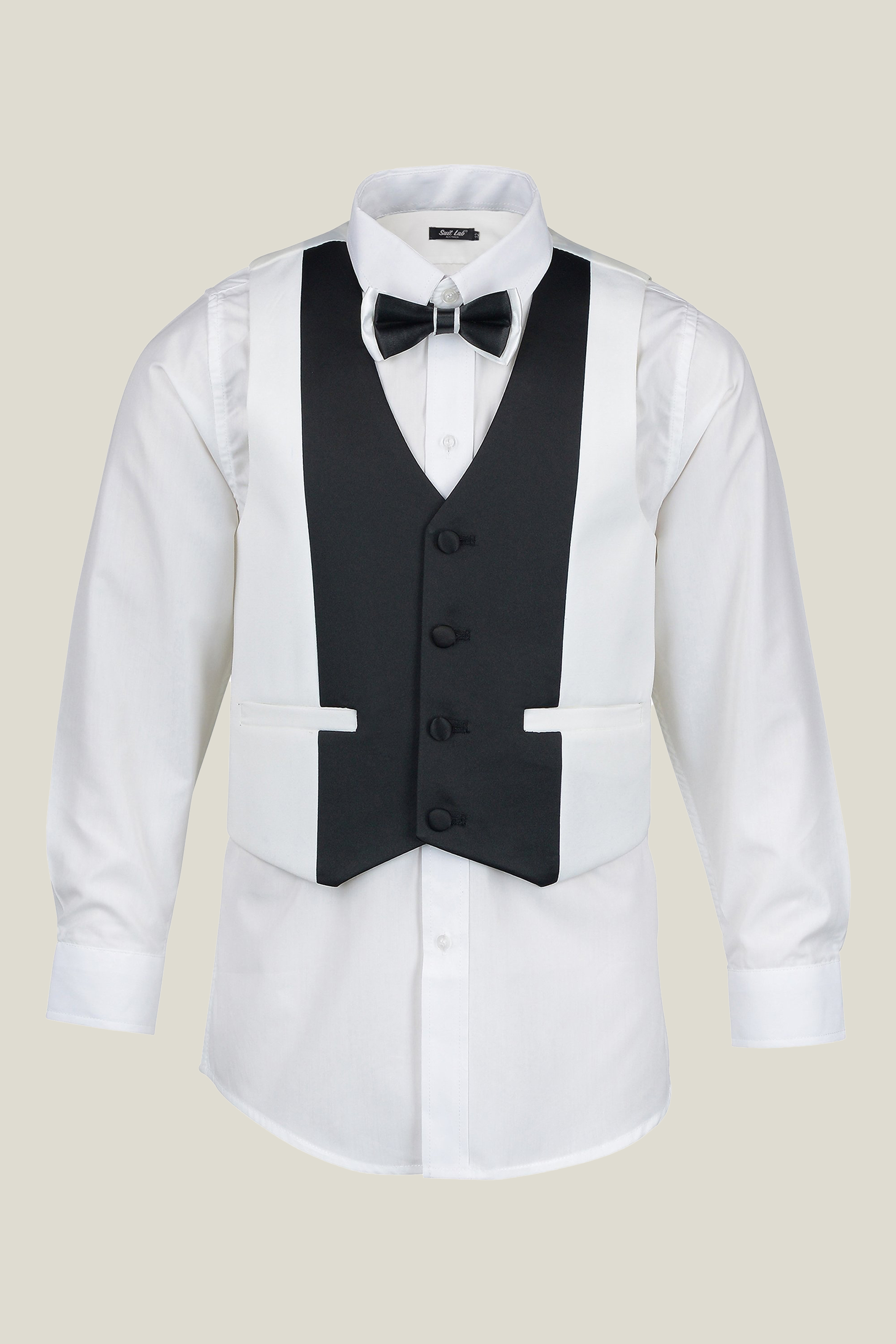 Boys Off White Tuxedo Suit with Black Lapel & Matching Black Pants - Formal Wear for Weddings, Prom, and Special Occasions