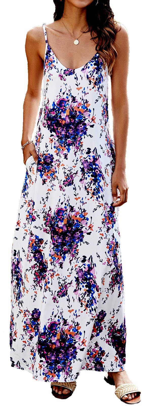Supnier Women's Summer Maxi Dress - Casual V-Neck Sleeveless Bohemian Floral Long Dress with Pockets | Perfect for Beach Vacation, Music Festival & Boho Chic Outfits