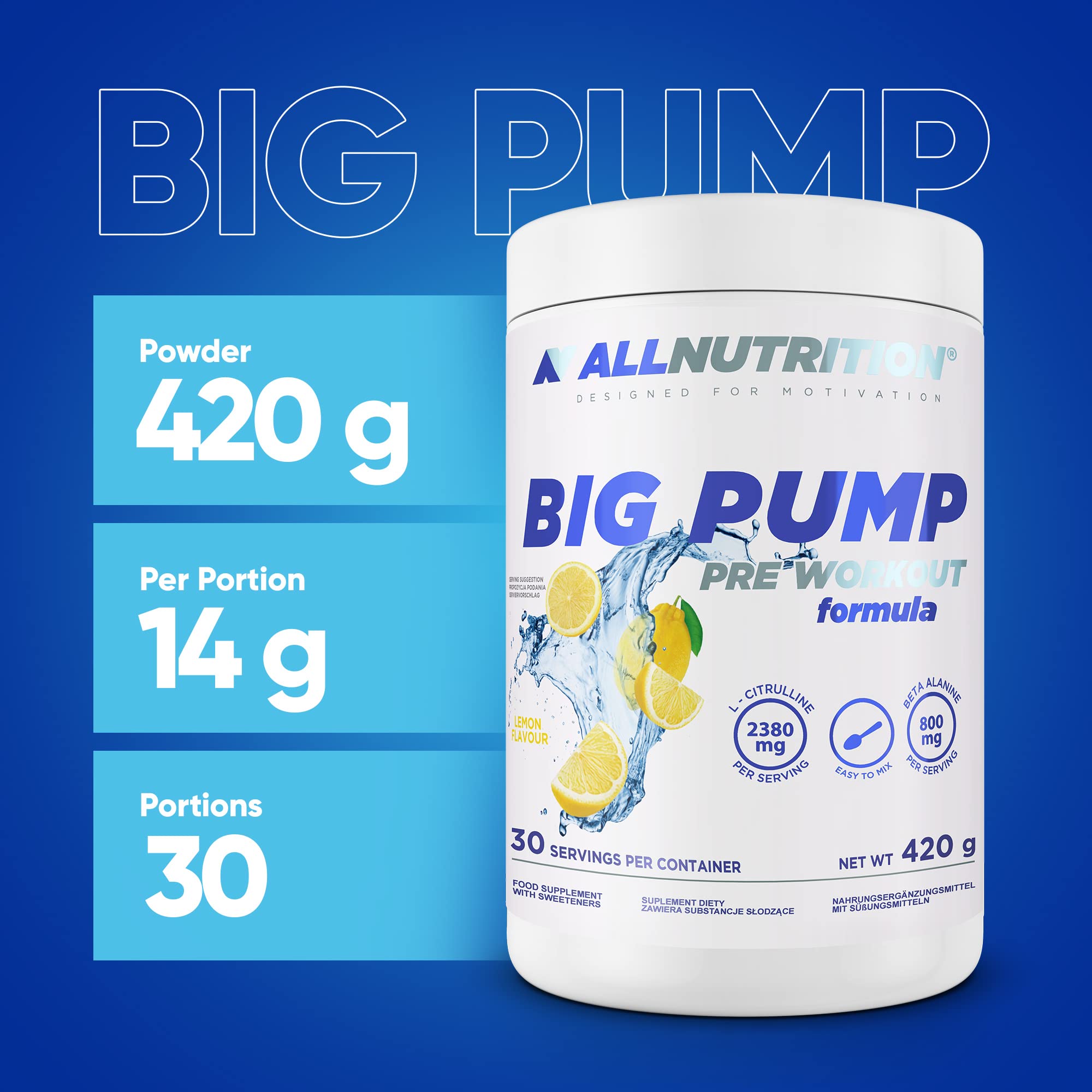 Allnutrition Big Pump Lemon Pre-Workout Powder 420g - Boost Energy & Endurance for Intense Gym Sessions