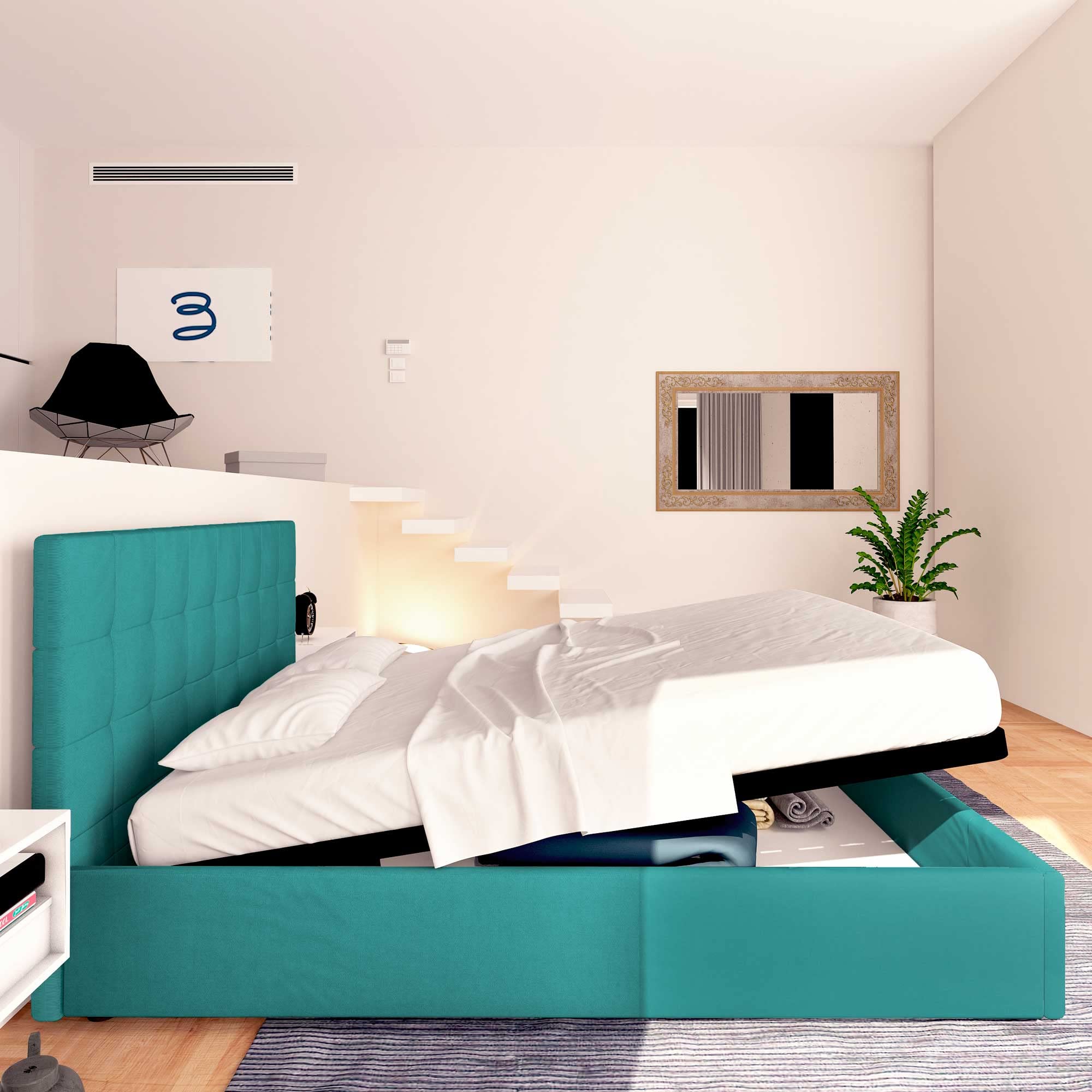 Baldiflex Single Bed with Storage Drawer, Dublin Fabric Design, Slatted Bed Base for Single Mattress, 90 x 200 cm, Elegant Headboard, Turquoise Color - Perfect for Small Bedrooms, Guest Rooms & Studio Apartments