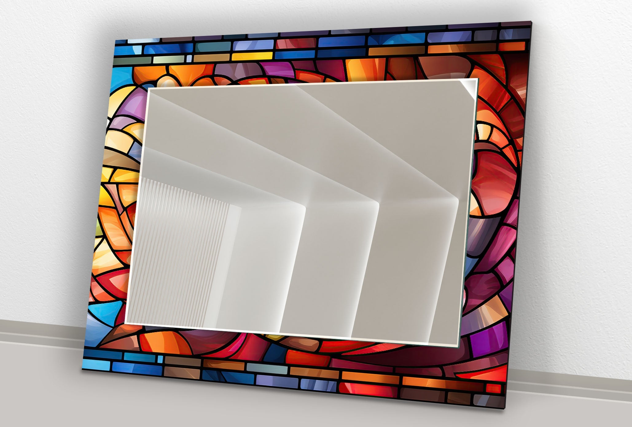 Blue & Orange Stained Wall Mirror - Handcrafted Decorative Mirror for Living Room, Bedroom, Entryway - Boho Chic Home Decor Accent Piece