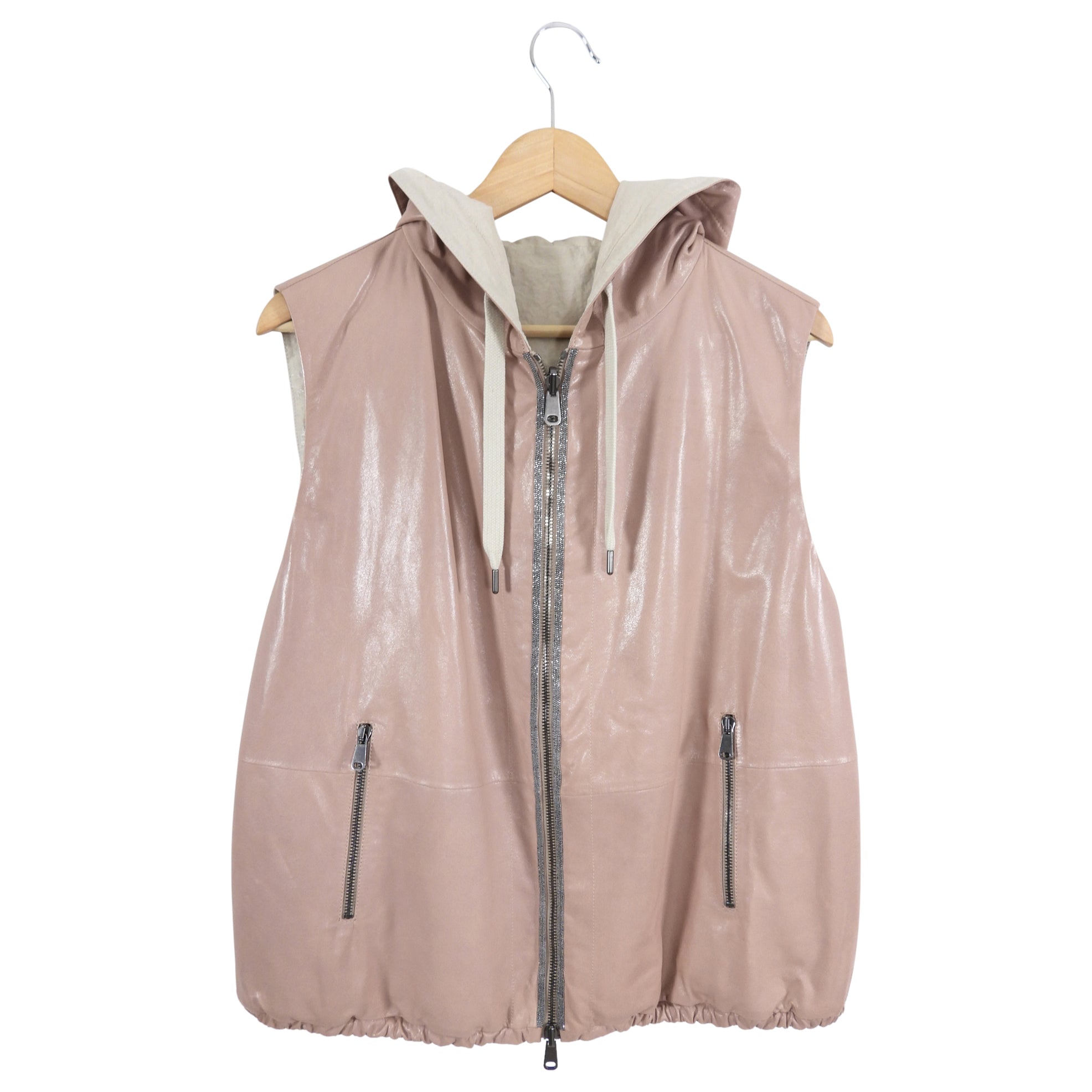 Brunello Cucinelli Reversible Hooded Vest in Quartz Pink Leather - Size IT44 / US 8 - Perfect for Layering in Fall & Winter Fashion