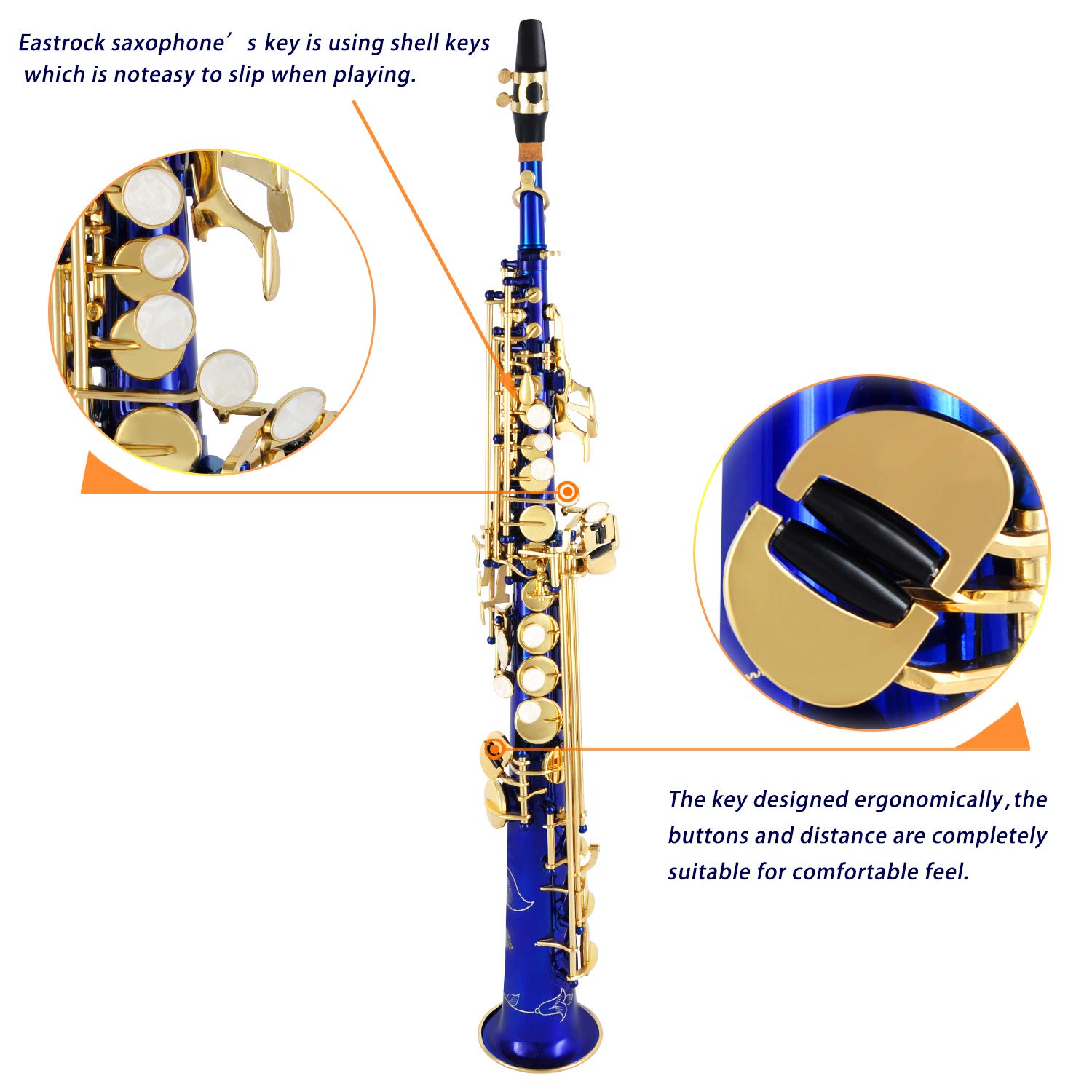 EASTROCK Bb Soprano Saxophone - Professional Straight Blue Sax for Beginners & Intermediate Players - Includes Carrying Case, Mouthpiece, Pads, Reed, Cleaning Kit, Neck Strap & White Gloves - Perfect for School Bands, Jazz Ensembles & Solo Practice