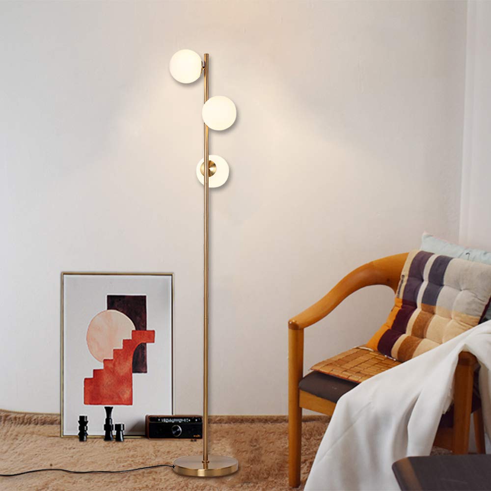 Modern 3-Globe LED Floor Lamp - Brushed Brass Standing Light for Living Room, Bedroom & Office | Bright Adjustable Lighting for Reading, Working & Relaxing