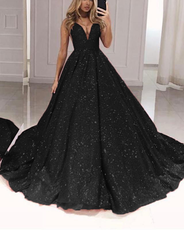 Elegant Black Sequin Ball Gown Prom Dress - V Neck Floor Length Formal Evening Gown for Homecoming, Prom Night & Special Occasions
