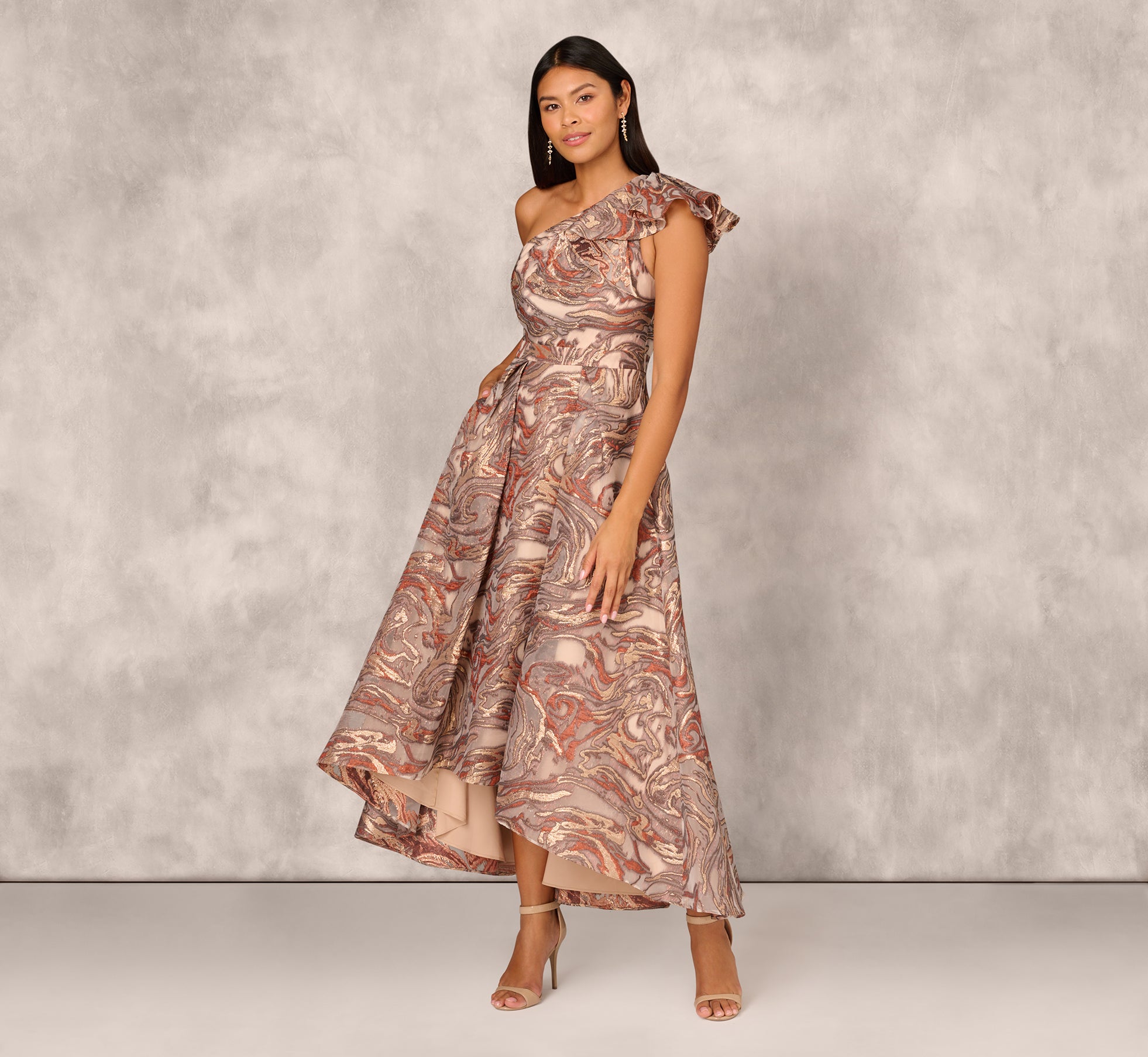 Elegant Rust Multi-Color Jacquard High-Low Gown with One Shoulder Ruffle Neckline - Perfect for Evening Parties, Prom, and Special Occasions