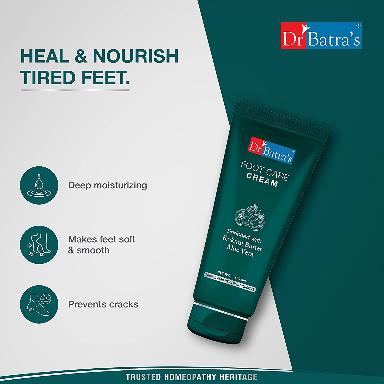 Dr. Battra's Kokum Butter Foot Care Cream - 100Gm Moisturizing Cream for Soft, Smooth Feet | Perfect for Dry, Cracked Heels & Rough Skin - At-Home Pedicure & Night Foot Treatment