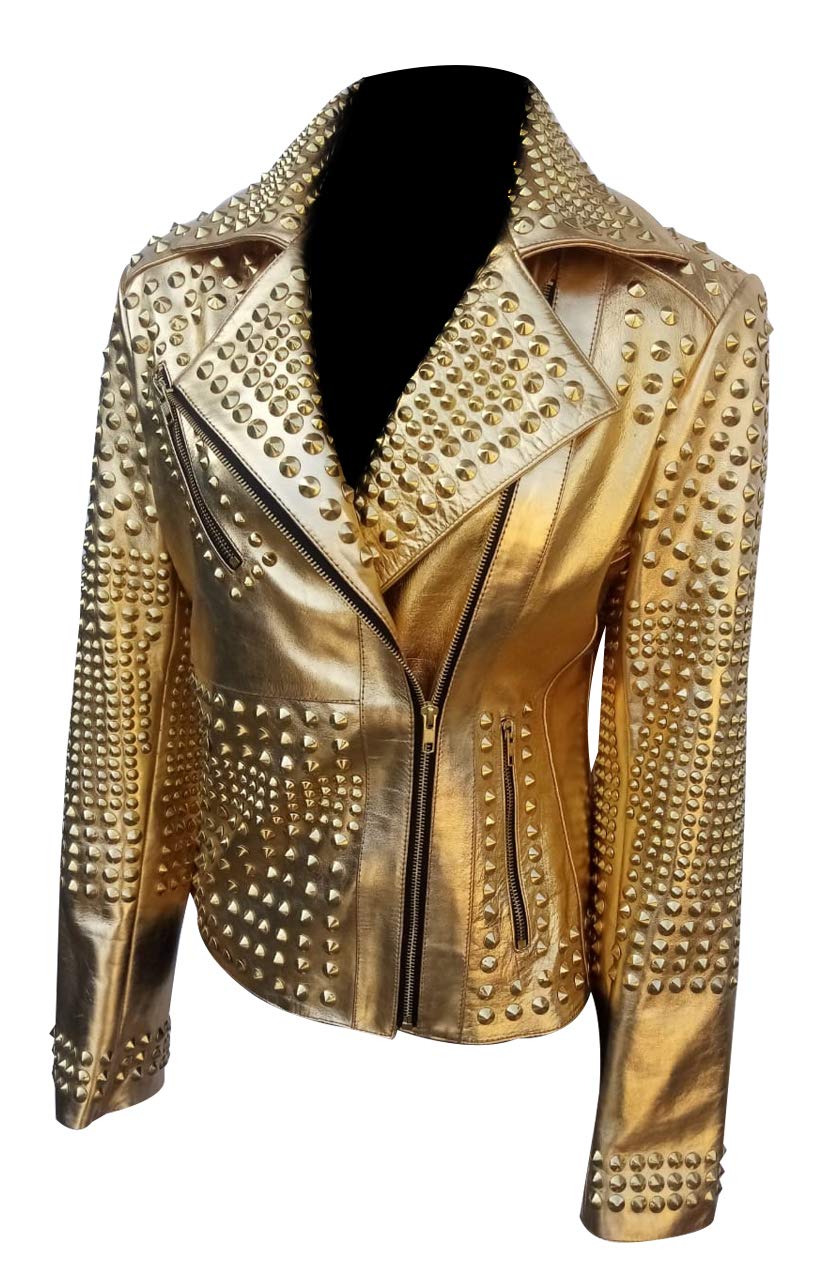 LP-FACON Women's Studded Rock Punk Spikes Motorcycle Jacket - Metallic Brando Biker Leather Jacket for Women | Perfect for Motorcycle Riding, Concerts & Punk Fashion Outfits
