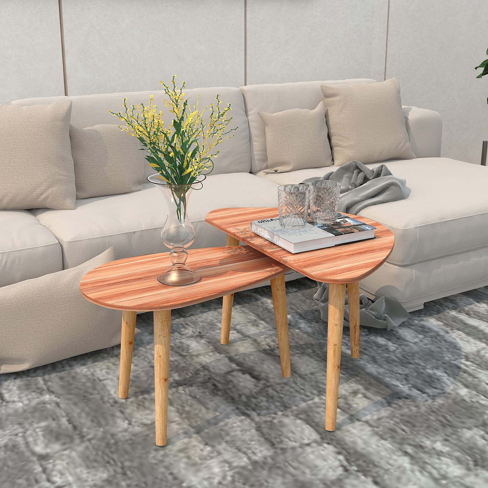 Modern Nesting Coffee Table Set of 2 - Drop Shape, Triangle & Oval Design - Contemporary Walnut Cocktail Table for Living Room - Perfect for Small Spaces, Coffee Time & Entertaining Guests