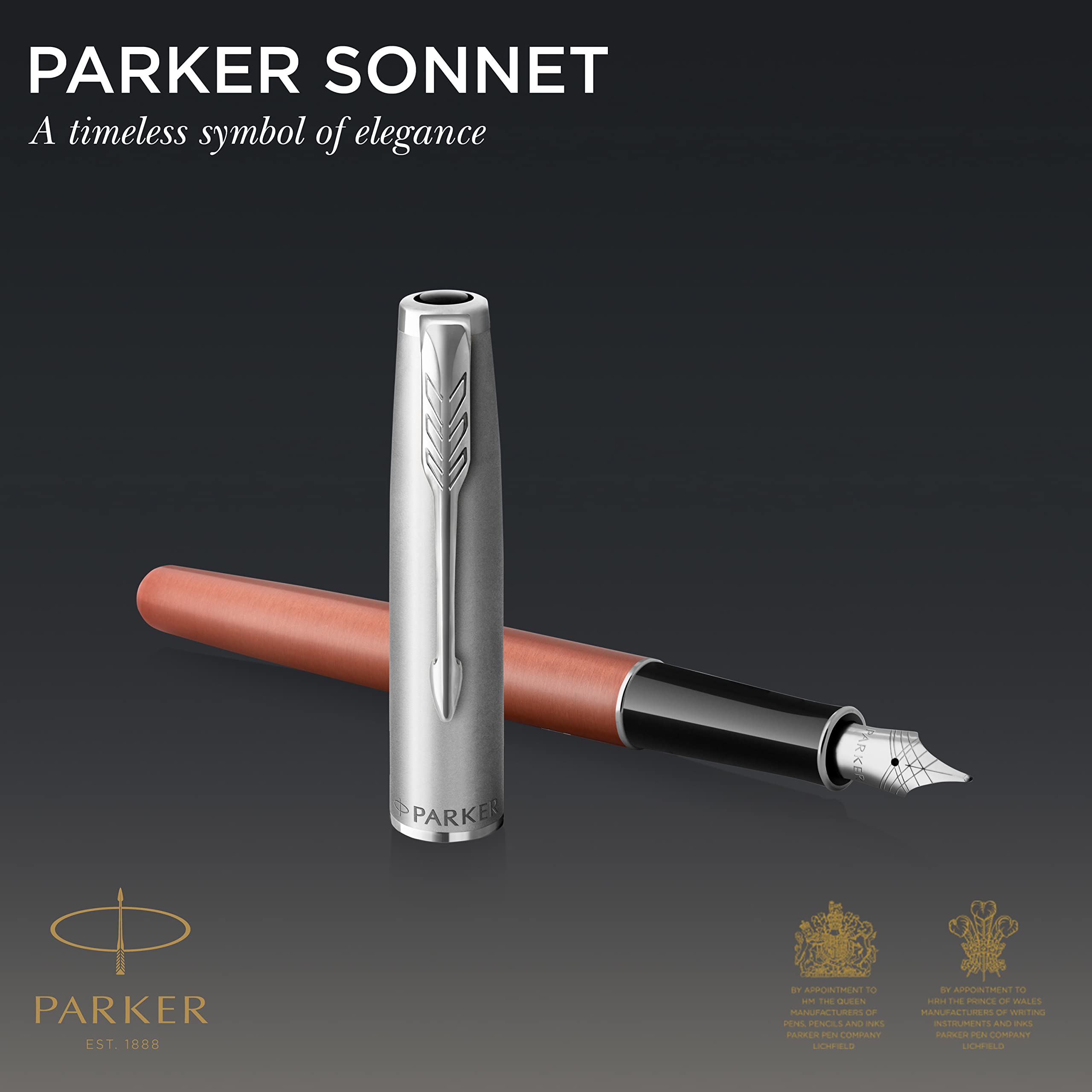 Parker Sonnet Essentials Fountain Pen - Premium Metal & Orange Lacquer with Palladium Trim, Stainless Steel Medium Nib in Gift Box | Perfect for Business Signatures, Journaling & Luxury Gifts