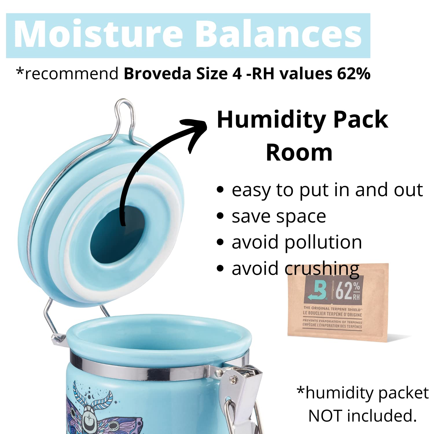 Airtight 250ml (Half Oz) Smell Proof Stash Jar with Humidity Pack Compartment - Odor Proof Clay Container for Herb Storage, Cute Cyan Storage Box Case - Perfect for Travel, Home & Office Use