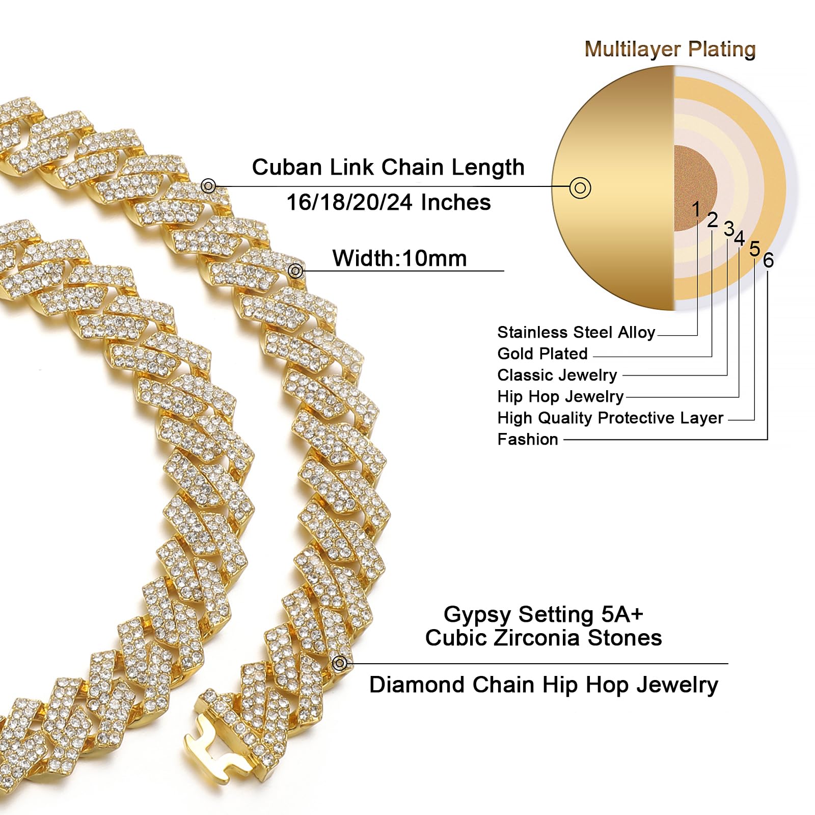 Saintda Cuban Link Chain for Men & Women - Iced Out Silver, Gold & Rose Gold Miami Cuban Necklace - Hip Hop Bling Diamond Chain Jewelry with Gift Box - Perfect for Parties, Gifts & Streetwear Fashion