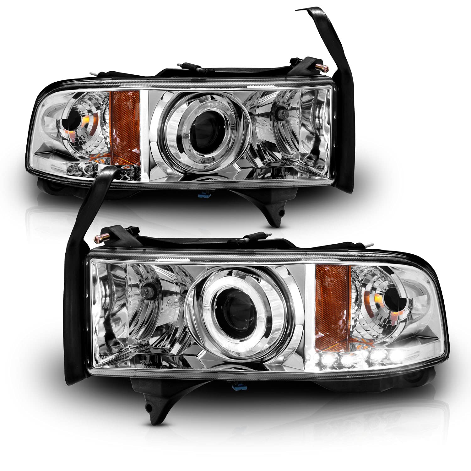 1994-2001 Dodge Ram 1500 2500 3500 Pickup Truck Black LED Halo Projector Headlights Assembly Set - Passenger & Driver Side Replacement for Improved Night Visibility | Off-Road Driving & Urban Commuting