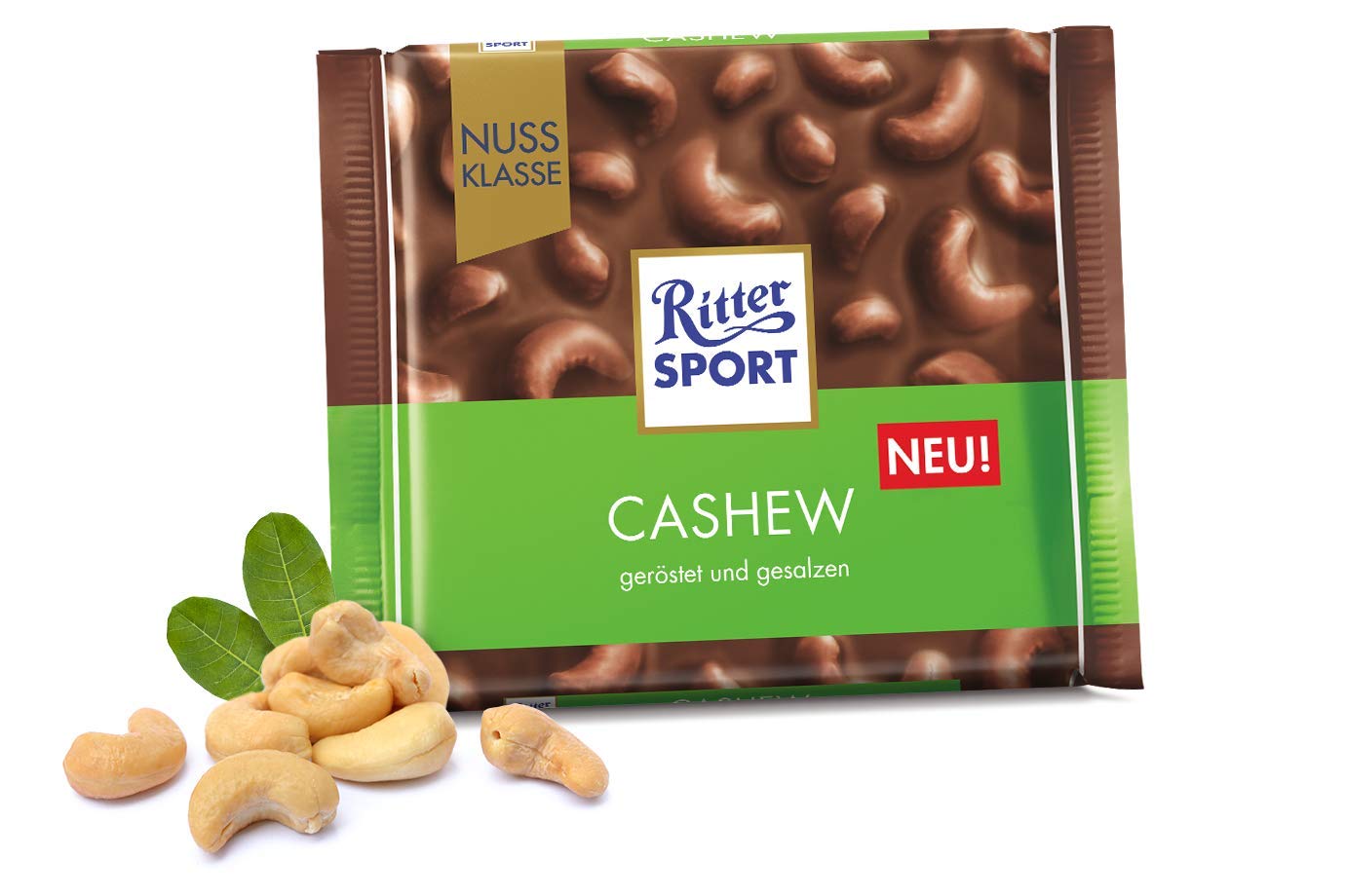 Ritter Sport Cashew Chocolate Bar 100g/3.52oz - Pack of 2 Crunchy Nutty Milk Chocolate Snacks for Office, Travel & Gifting