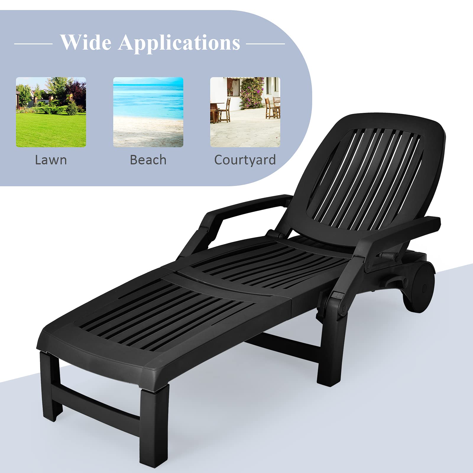 Giantex Adjustable Chaise Lounge Chair - 6-Position Recliner with Wheels, Foldable Outdoor Sun Lounger for Patio, Poolside & Garden - Perfect for Relaxing, Sunbathing & Outdoor Lounging (Black)