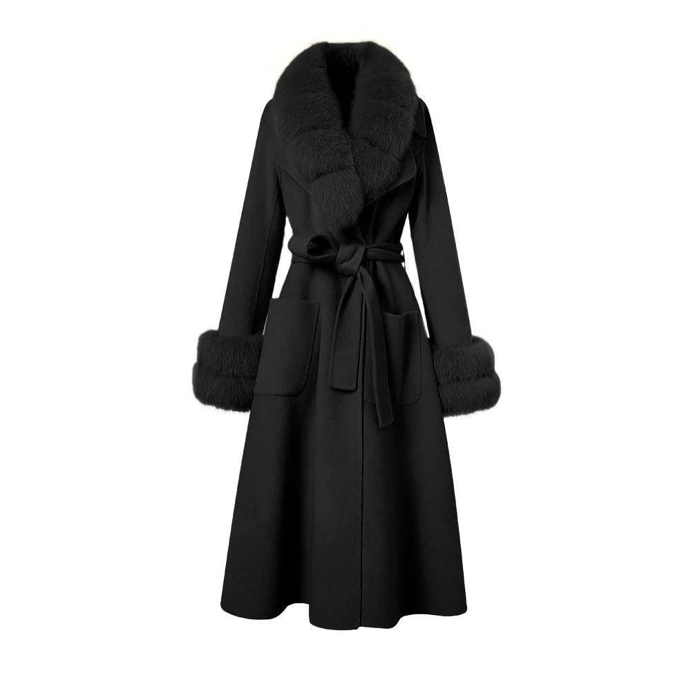 Luxury Women's Long Wool Coat with Detachable Fox Fur Collar - Winter Warm Elegant Trench Coat for Office, Party & Formal Occasions