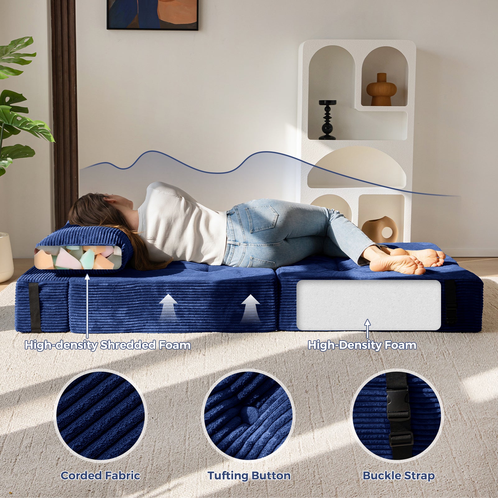 MAXYOYO Folding Sofa Bed - Convertible Sleeper Sofa with High Density Support Foam for Living Room & Bedroom - Navy Blue - Perfect for Small Spaces, Guest Rooms & Apartments