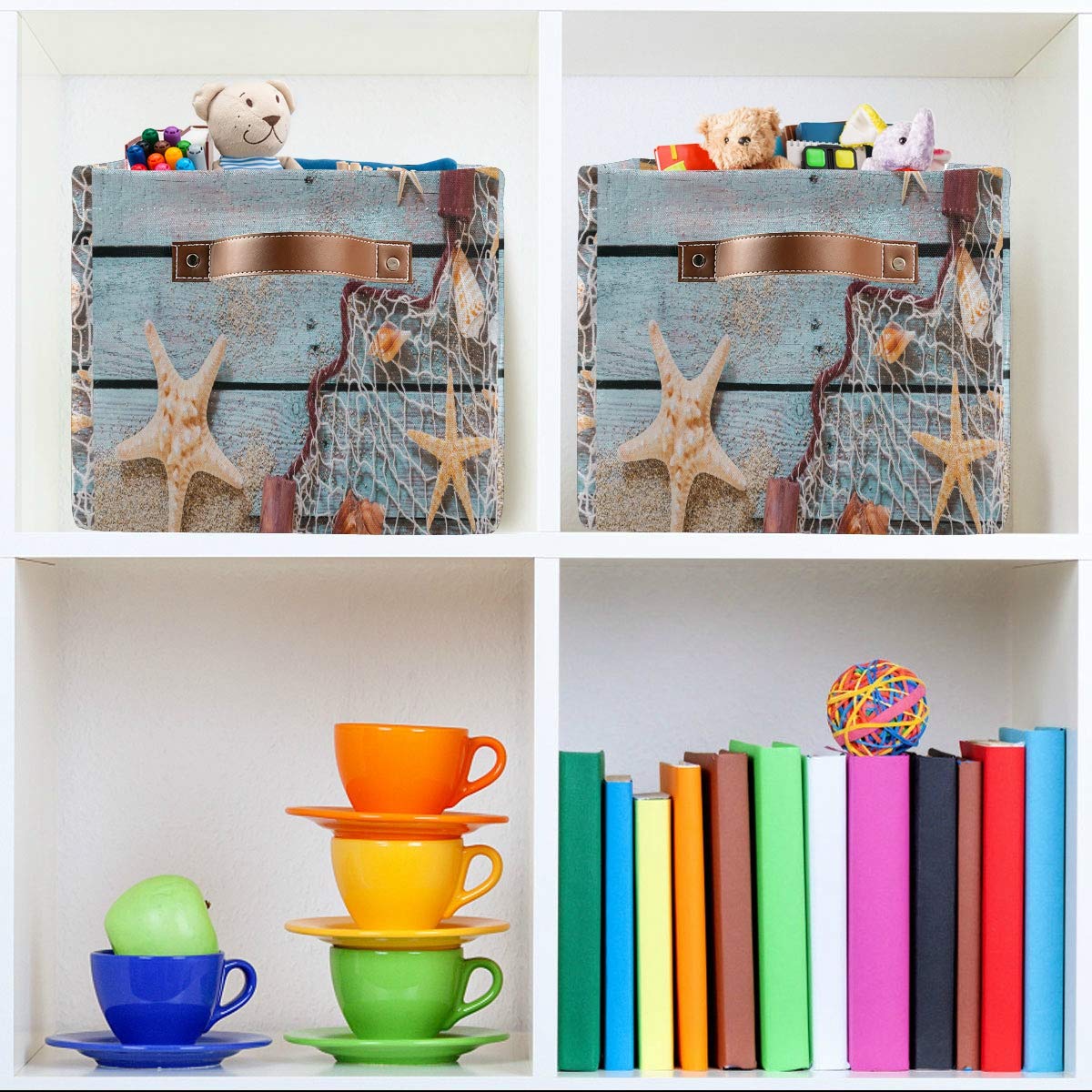 AUUXVA Large Collapsible Fabric Storage Basket with Handles - Rustic Wooden Starfish Design for Beach Toys, Nursery, Bedroom & Bathroom Organization | Perfect for Summer Storage & Home Decor