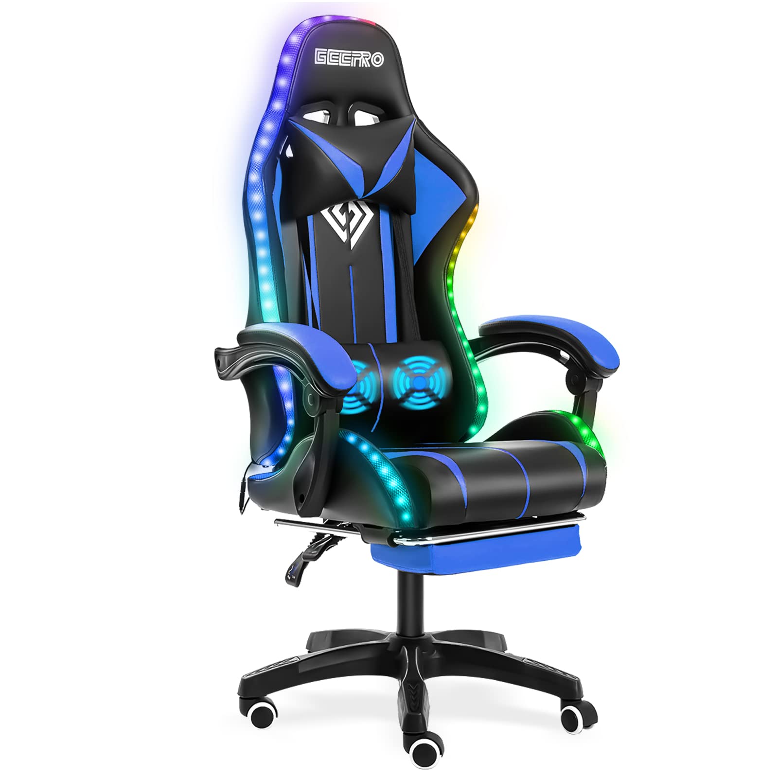 Geepro Ergonomic Gaming Chair with Massage, RGB LED Lights & Footrest - High Back Computer Chair for Office & Home, Adjustable Lumbar Support & Linkage Armrest (Blue/Black) - Perfect for PC Gaming, Streaming & Long Work Sessions