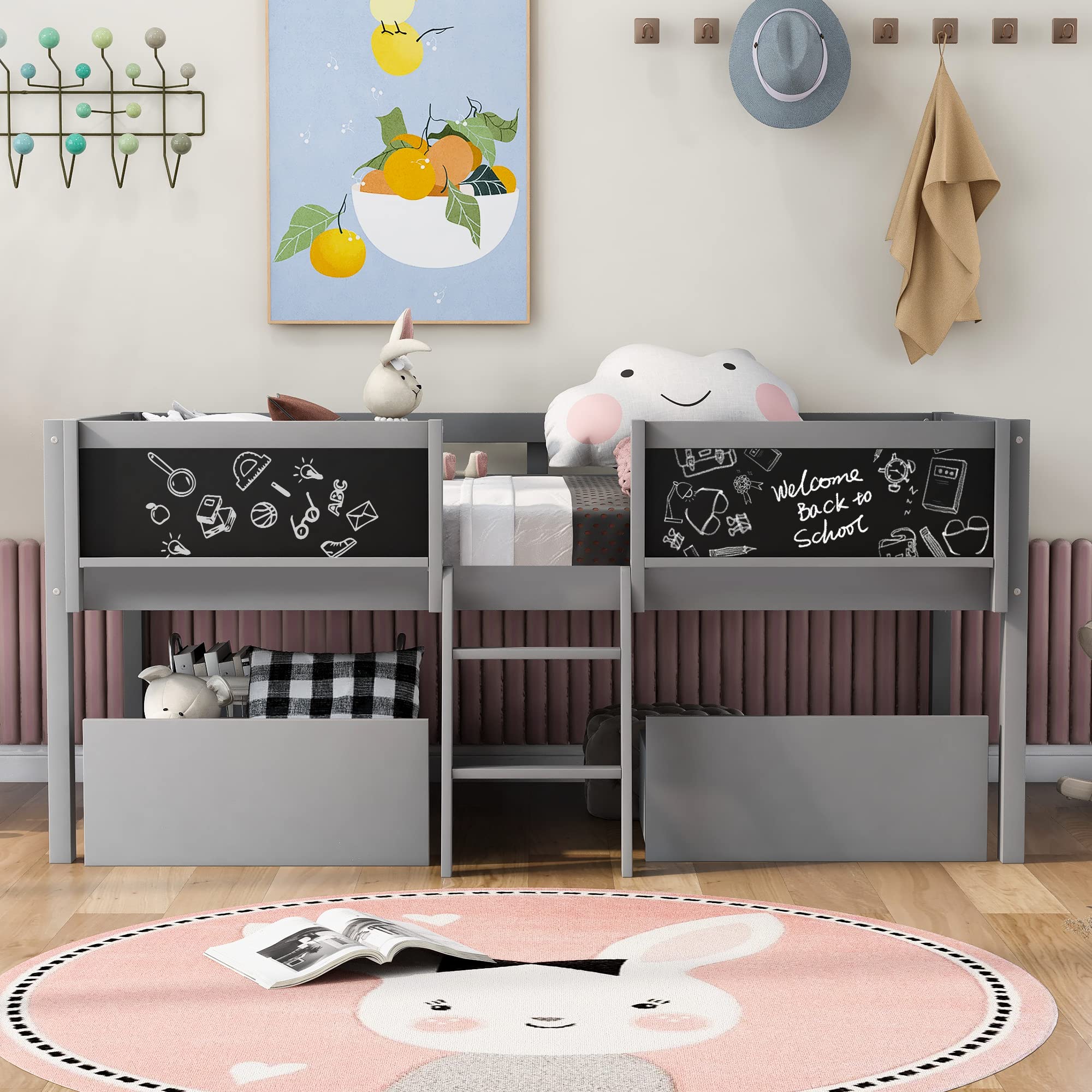Wooden Twin Loft Bed for Kids with 2 Movable Drawers, Ladder & Chalkboard Guardrail - Space-Saving Gray Bedroom Furniture for Boys & Girls | Perfect for Small Rooms, Dormitories & Kids' Shared Bedrooms