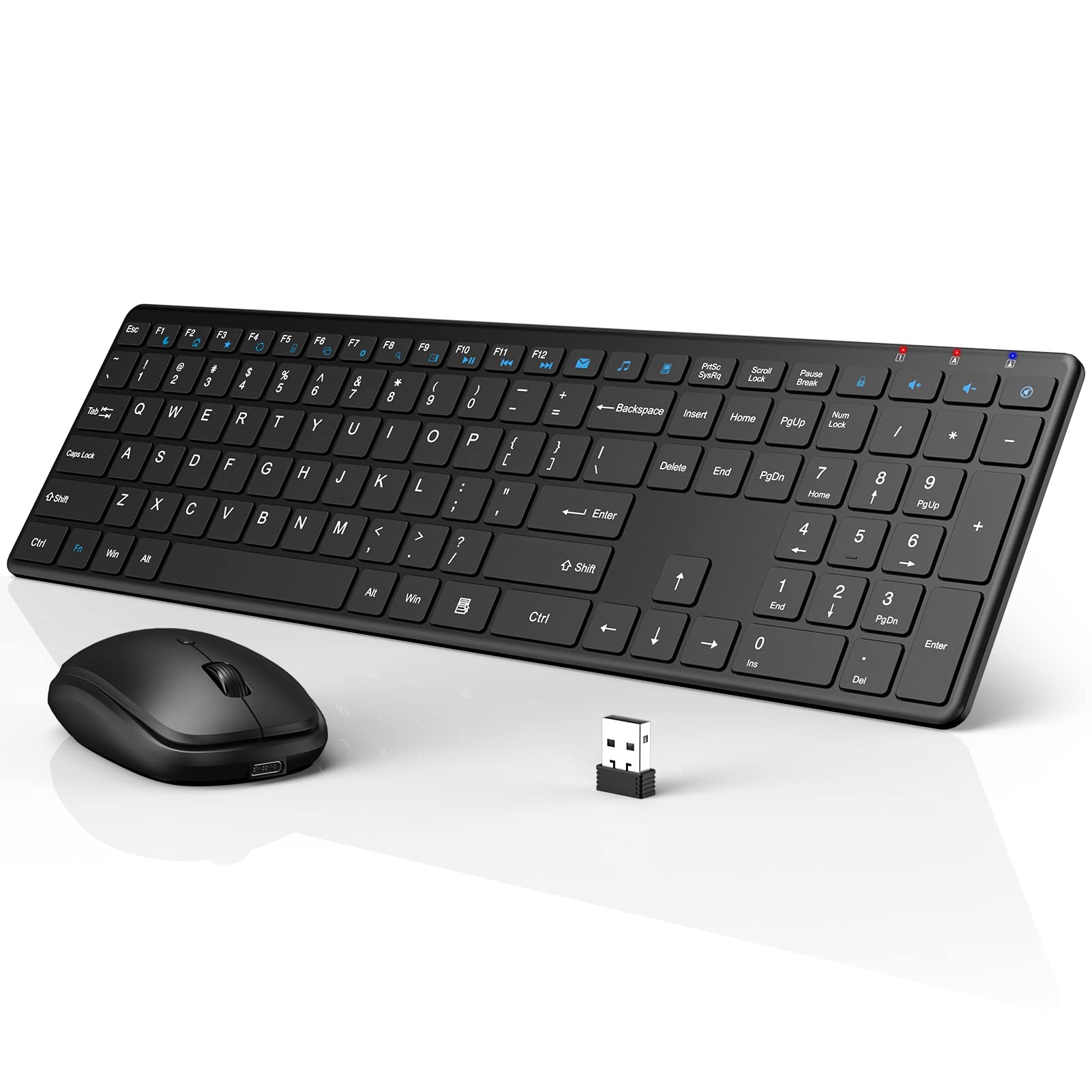 Deeliva 2.4G Wireless Keyboard and Mouse Combo - Rechargeable, Slim Full-Size USB Set with Quiet Keys for PC, Laptop, Desktop - Built-in Lithium Battery (Black) | Perfect for Office, Home & Gaming Use
