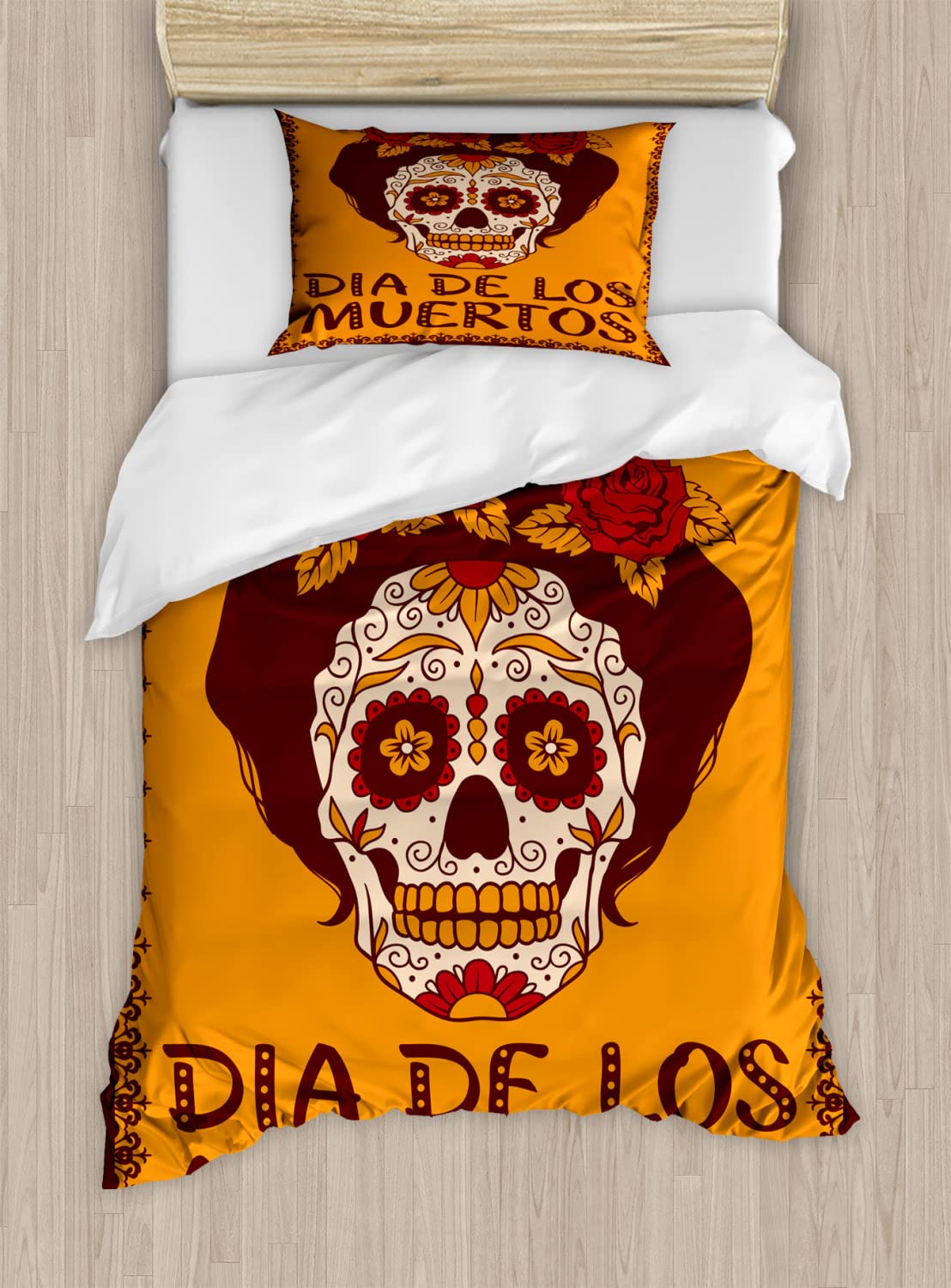 Ambesonne Sugar Skull Duvet Cover Set - Mexican Skull Girl with Floral Wreath Print, 2-Piece King Size Bedding Set with 2 Duvets & 4 Pillowcases, Brown Marigold Design for Day of the Dead Decor, Halloween & Boho Chic Bedroom