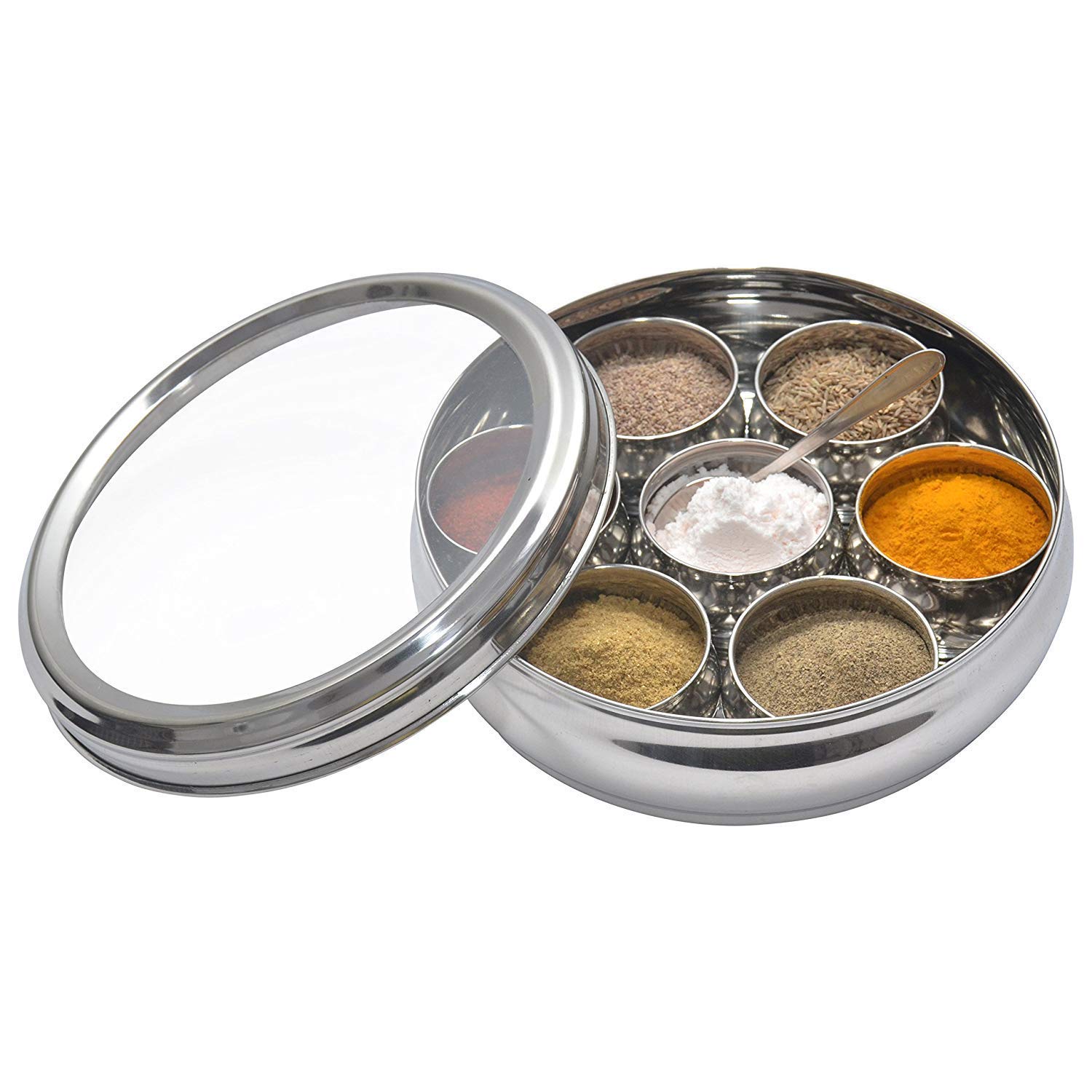 Premium Stainless Steel Spice Box with Transparent Lid - 7 Compartment Masala Dabba for Indian Cooking | Airtight Spice Storage Container for Kitchen Organization | Perfect Valentine's Day Gift for Home Chefs & Cooking Enthusiasts | Ideal for Meal Prep, Spice Blending & Gourmet Cooking