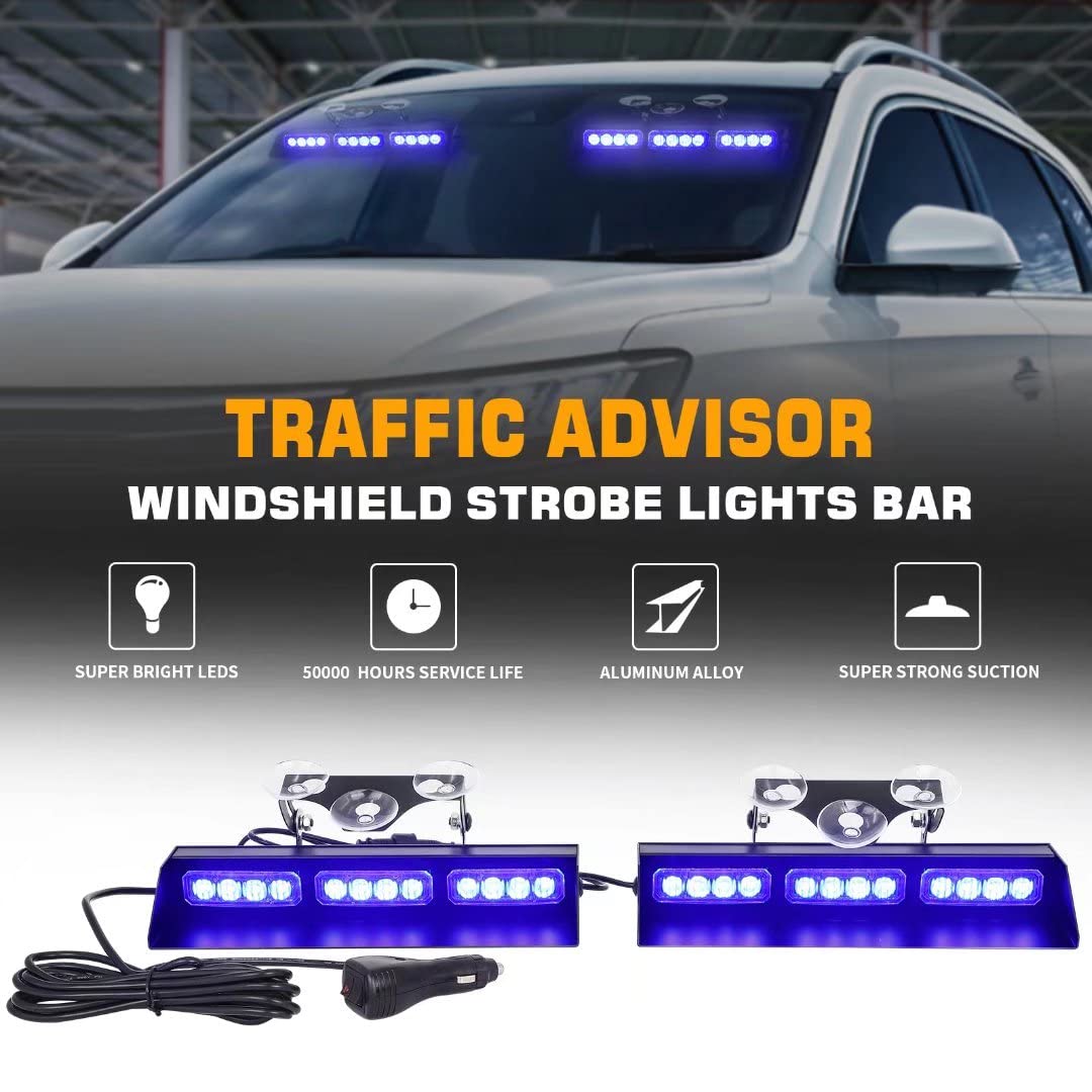 XRIDONSEN 2 Pack 10 Inch Blue Emergency Strobe Lights - 24 LED Hazard Warning Lights for Windshield, Interior Dash - Police, Firefighter, Law Enforcement, Security Vehicles & Trucks - Ideal for Roadside Emergencies, Construction Zones & Night Patrols