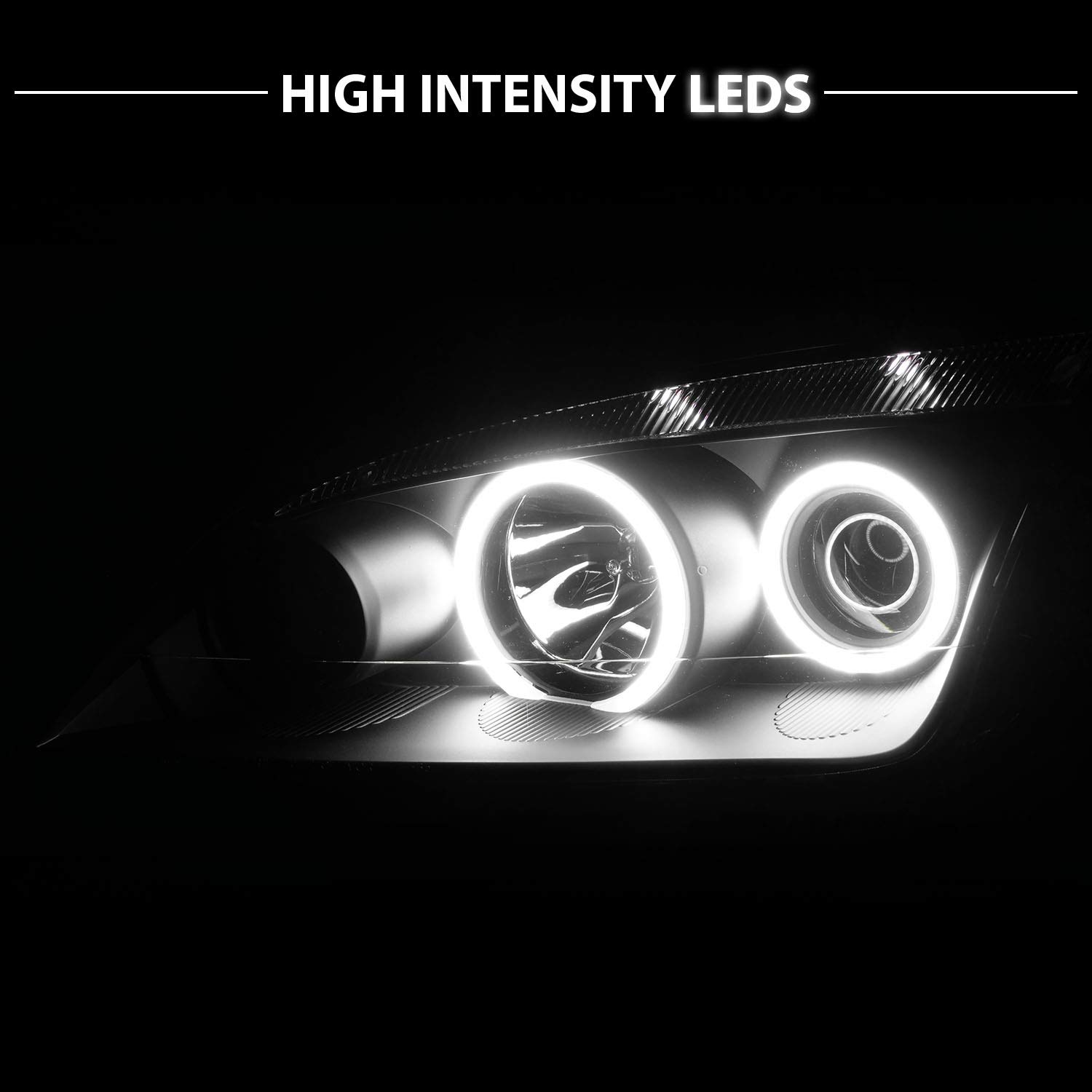 AmeriLite Xtreme LED Halo Projector Headlights - Black Housing for 2005-2007 Ford Focus ZX4 4-Door Sedan (Pair) | High-Intensity Lighting for Night Driving & Enhanced Style
