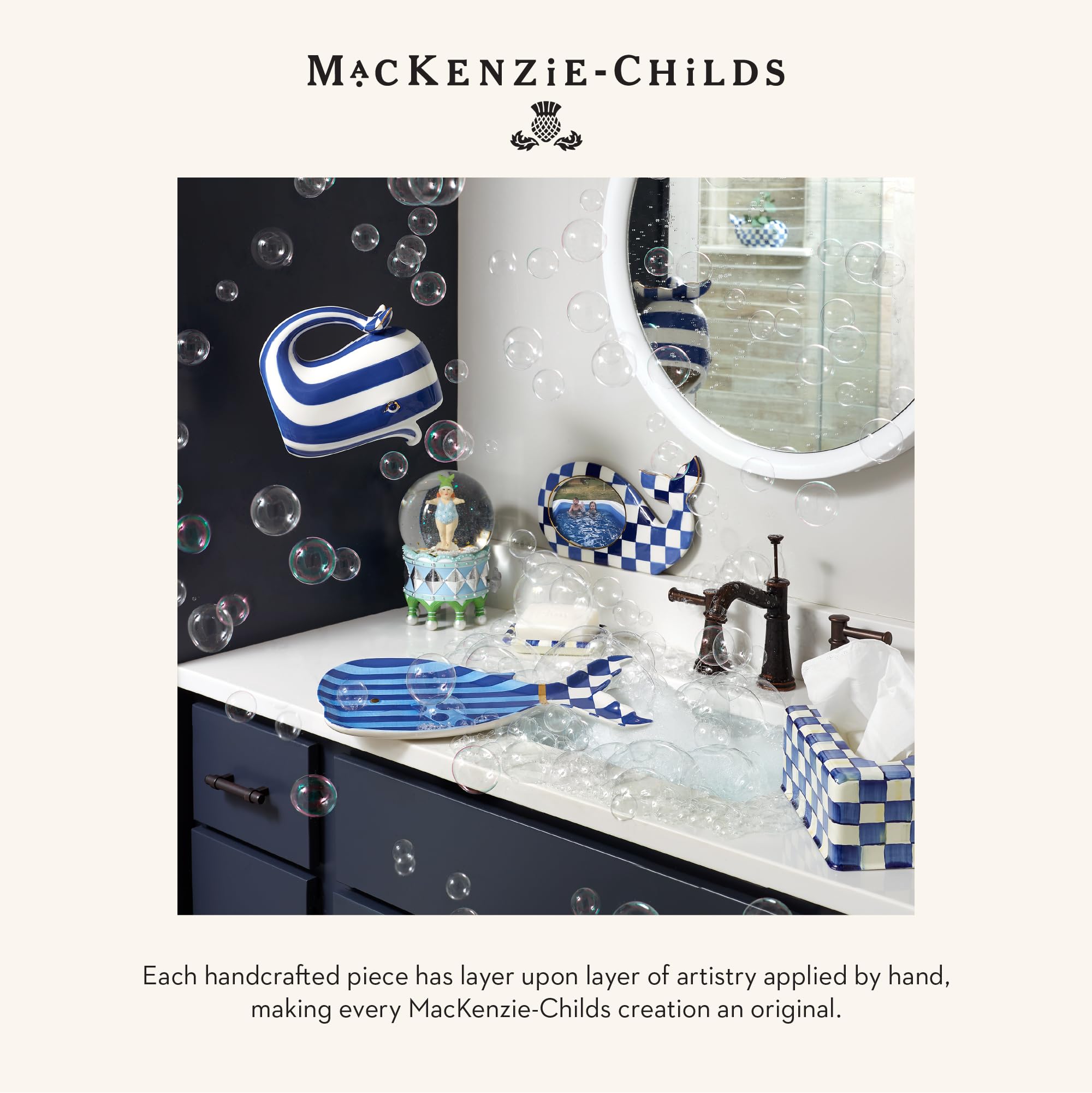 MACKENZIE-CHILDS Decorative Waste Bin - Blue and White Royal Check Trash Can for Bedroom, Bathroom, Office & Home Decor | Stylish Small Garbage Bin for Waste Disposal