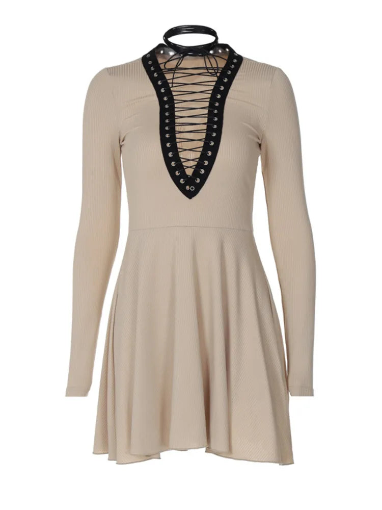 Sexy Deep V Neck Long Sleeve Lace Up Waist Wrap Dress for Women - Elegant Hollow Out Evening Party Dress for Fall Winter - Perfect for Cocktail Parties, Date Nights & Formal Occasions