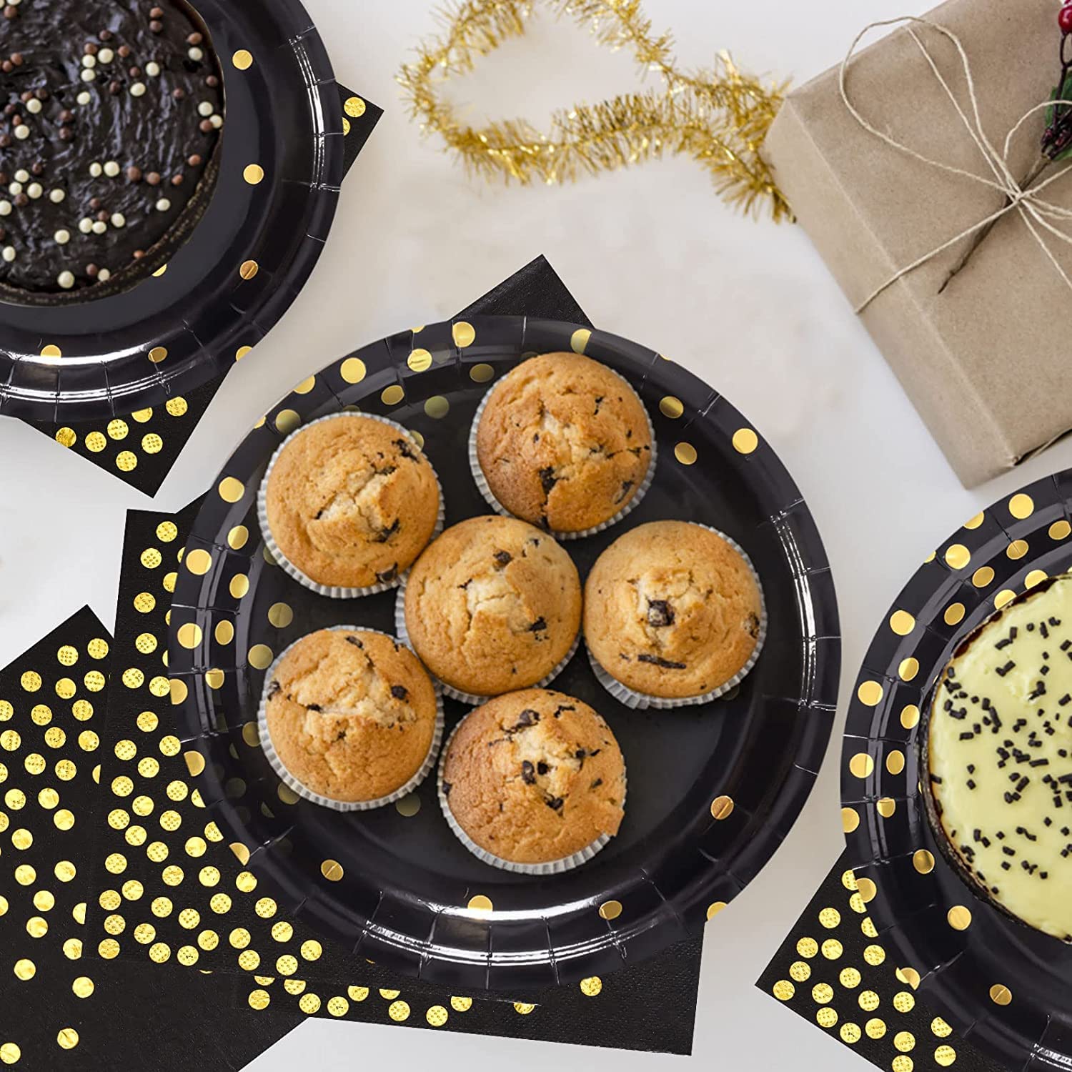 Premium Black and Gold Paper Plates Set - 50 Pack (25 x 7
