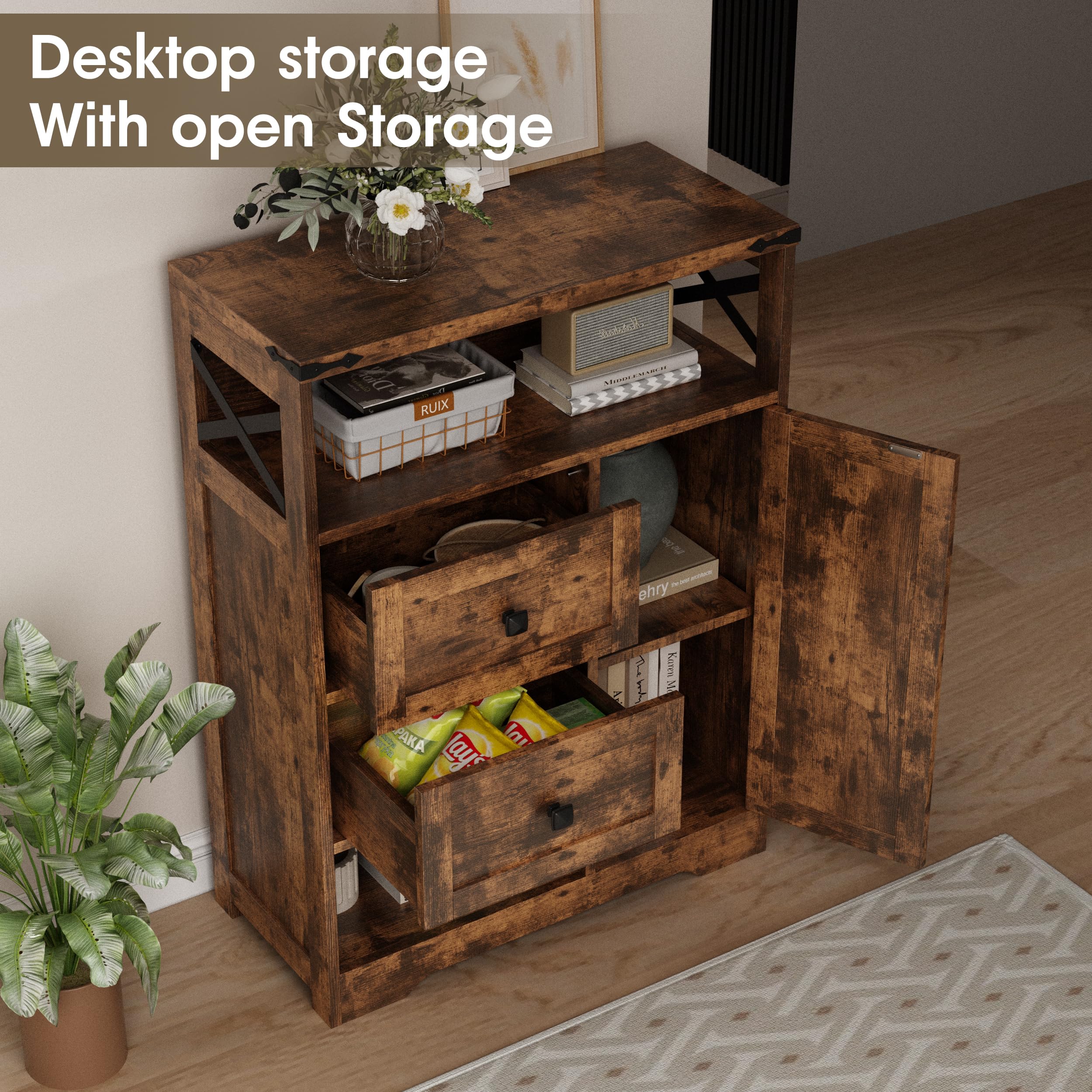 Farmhouse Storage Cabinet with 2 Drawers & Open Shelves - Freestanding Organizer for Living Room, Bathroom, Kitchen & Laundry - Rustic Brown Wooden Cabinet for Home Organization & Decor