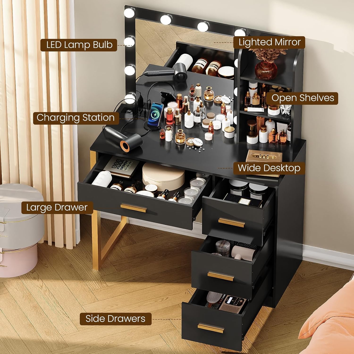 Elegant Makeup Vanity Desk with LED Lights & Mirror, 4 Drawers & USB Charging Station, Dressing Table with Open Storage Shelves & 3 Color Modes - Perfect for Bedroom, Home Salon & Beauty Room (Black)