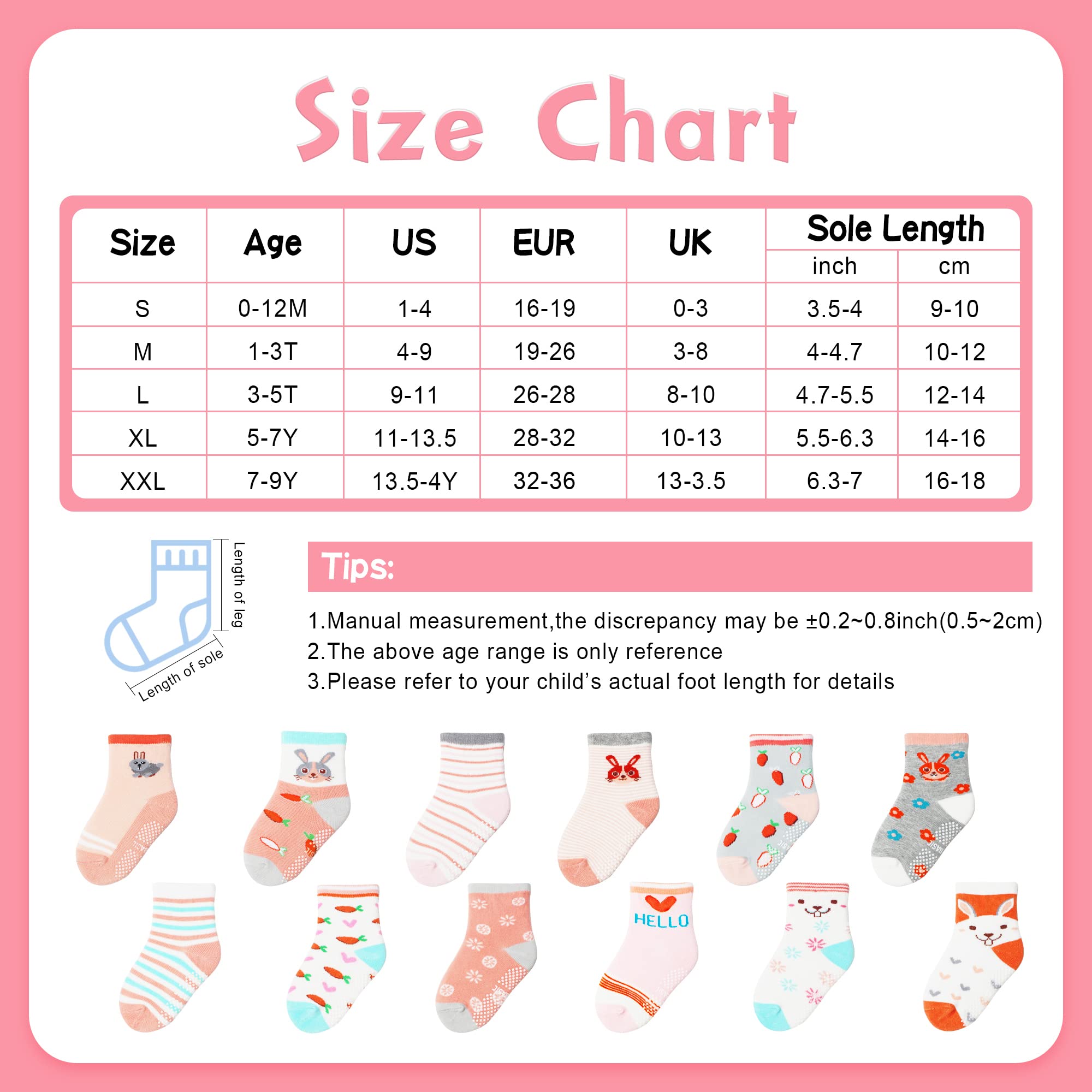Non-Slip Cotton Crew Socks for Toddlers 1-7 Years | 12 Pairs Unisex Baby Socks with Grips | Soft & Comfortable for Boys & Girls 12-24 Months | Perfect for Playtime, Daycare & First Steps