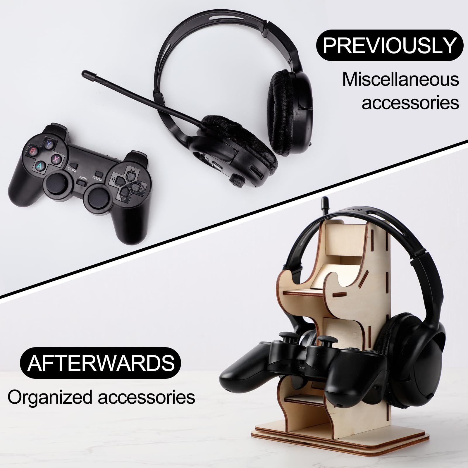 2-Tier Wooden Christmas Game Controller Stand with Custom Stickers - Universal Gaming Headset Holder & Headphone Hanger - Perfect PC Accessories Organizer for Gamer Desk Setup (Ideal for PS5, Xbox, Nintendo Switch)