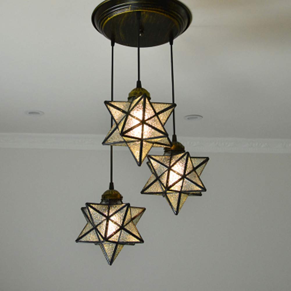 Teimi&Ritou 3-Light Round Base Moravian Star Chandelier - Iron Art Pendant Lamp with Crystal Glass for Dining Room, Living Room & Bedroom Lighting