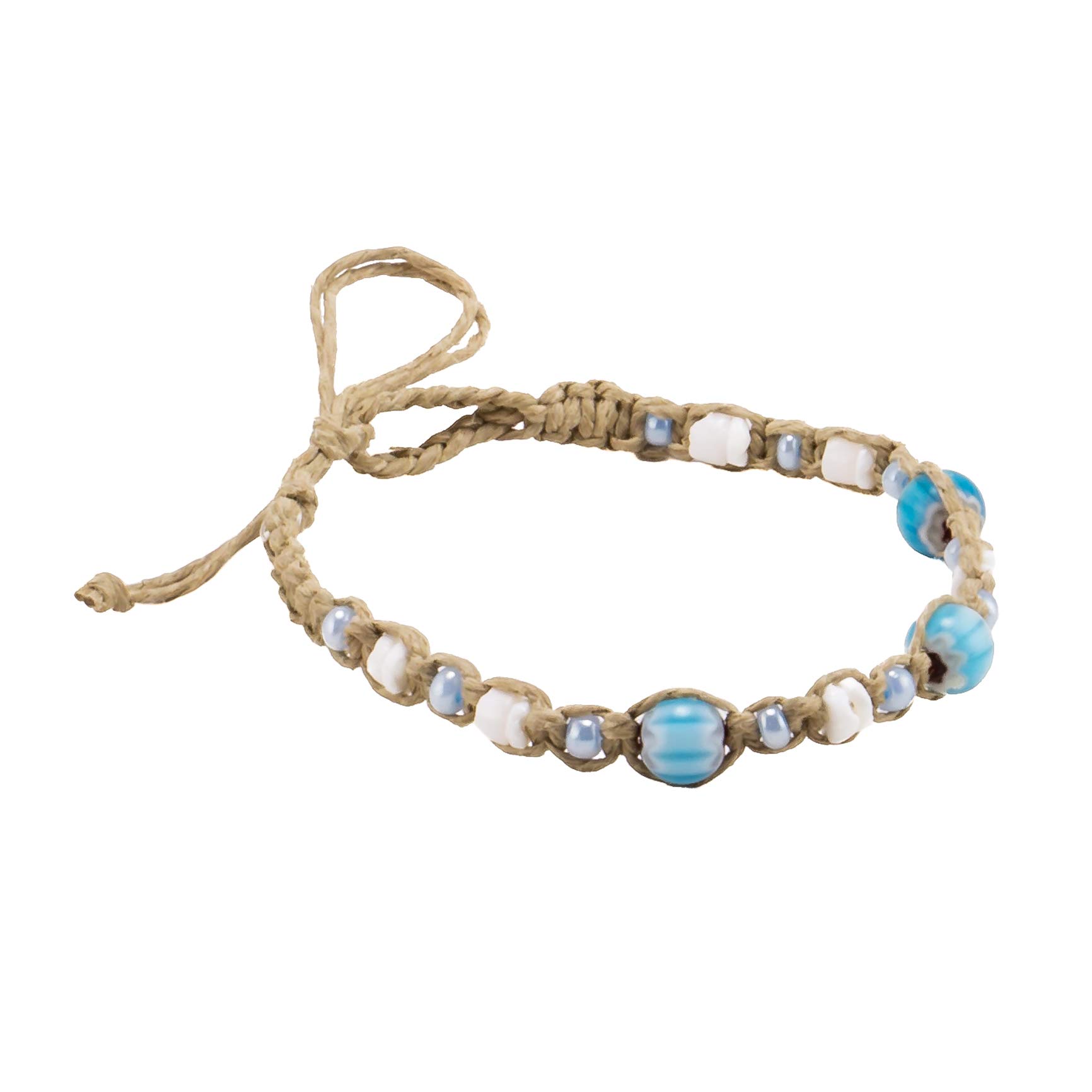 BlueRica Hemp Anklet Bracelet with Puka Shell & Light Blue Beads - Natural Boho Ankle Bracelet for Women, Beach Vacation, Summer Festival & Yoga Accessories
