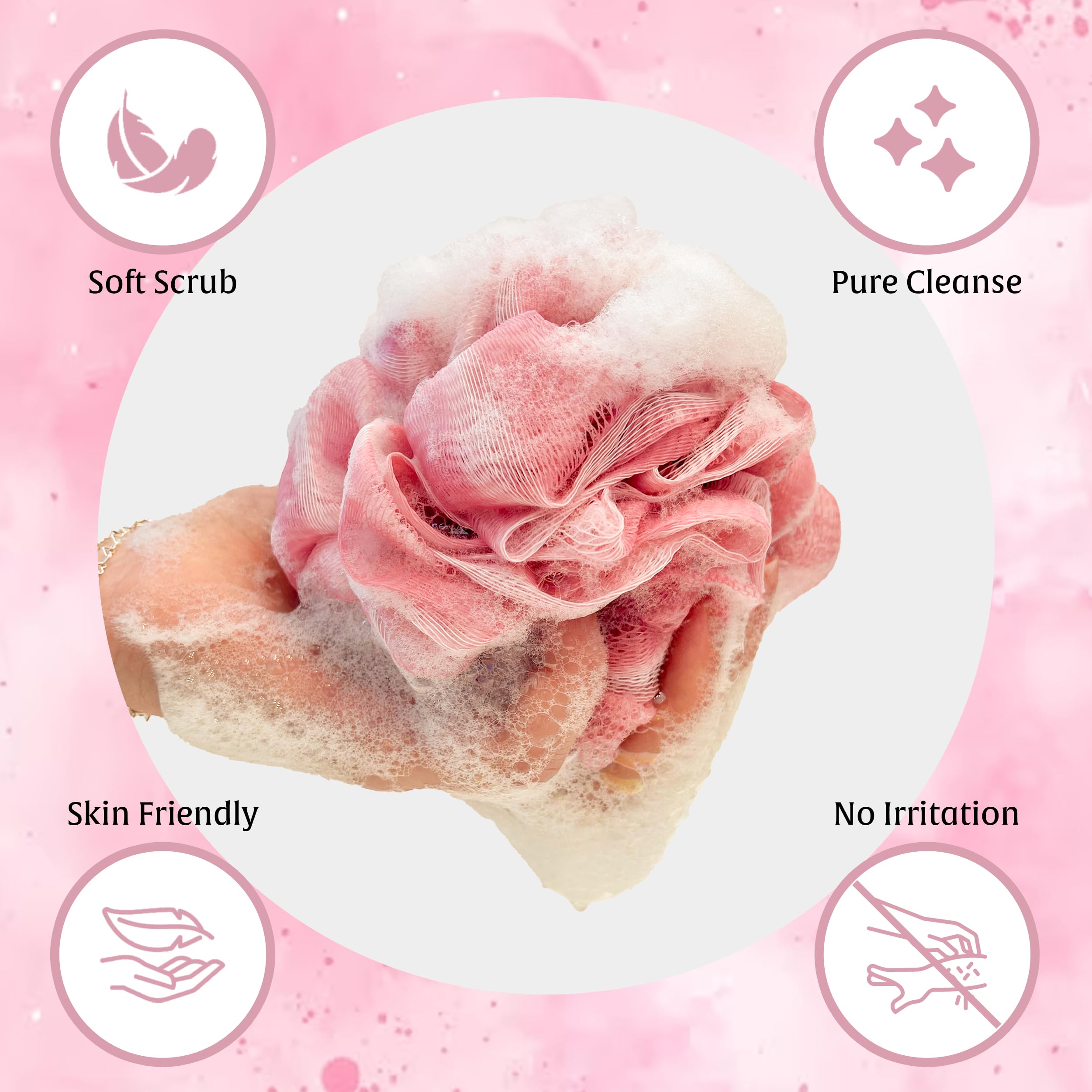 4-Pack Pink Loofah Sponges for Women - Soft Mesh Shower Puffs with Charcoal Infused Bamboo Exfoliation | Gentle Body Scrubber for Bath & Shower | Perfect for Daily Skincare & Exfoliating Routine