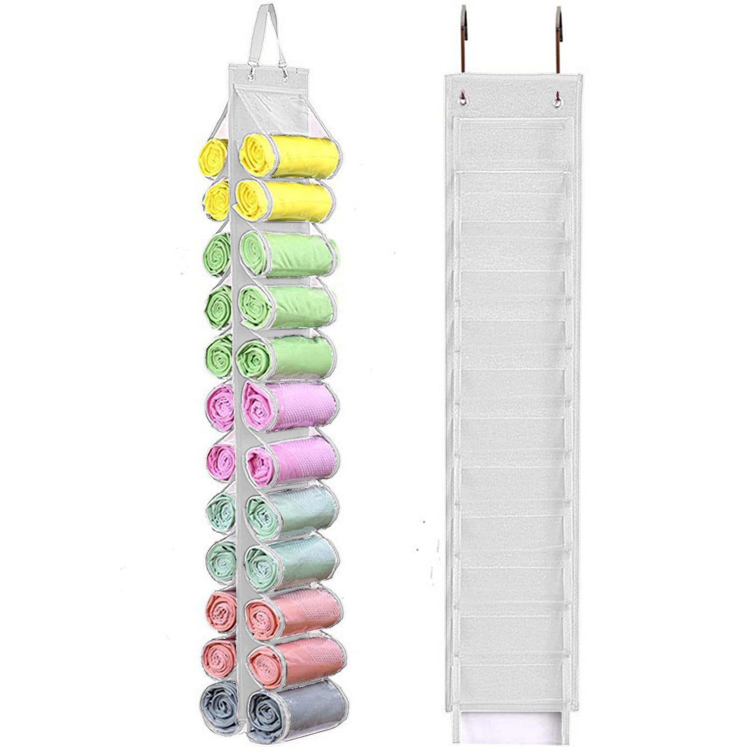 Foldable Legging Storage Bag Hanger - Holds 24 Pairs of Leggings, Shirts & Jeans - Portable Closet Organizer with Roll Holder - Space Saving Clothes Storage for Travel & Home Organization (White)