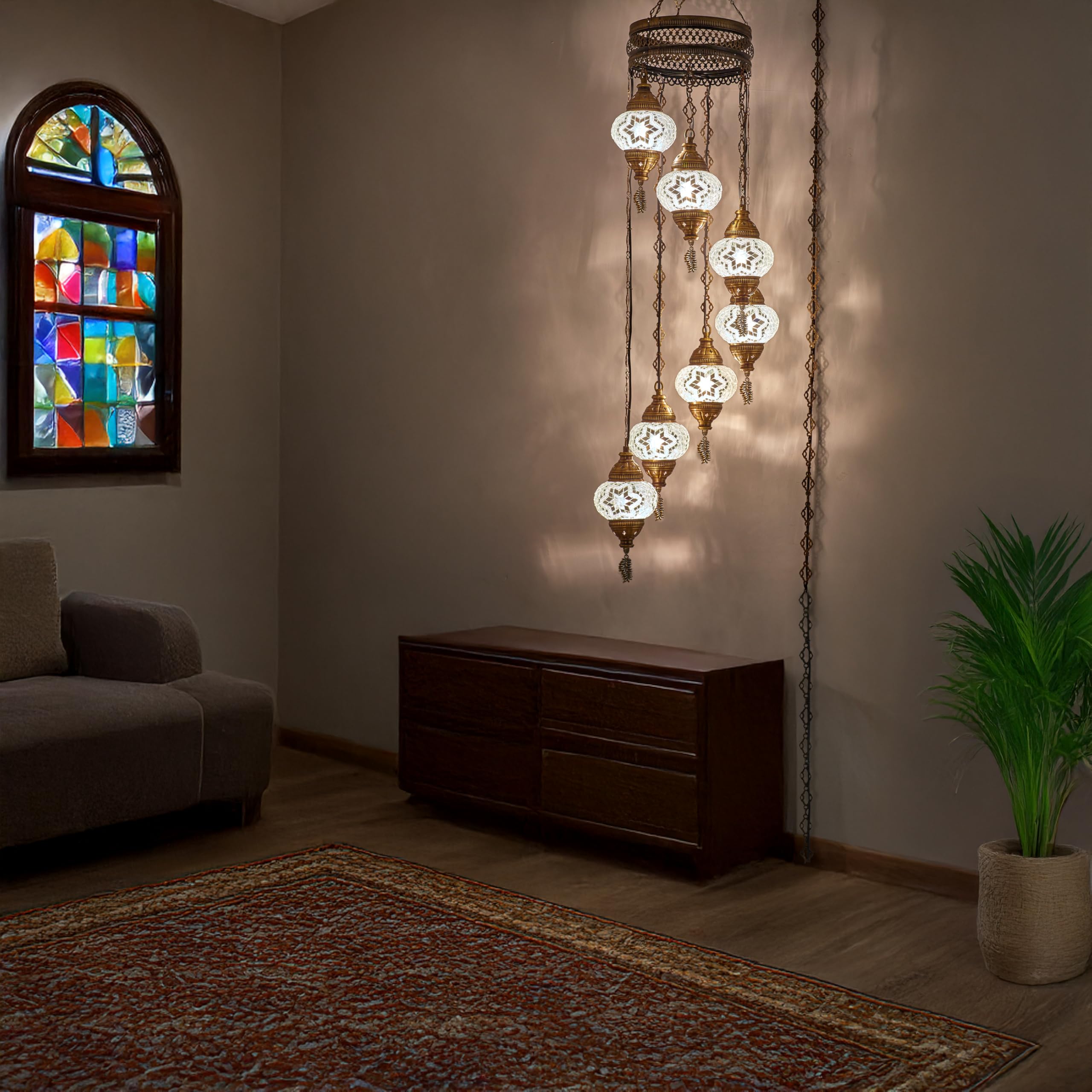 DEMMEX 7 Globes Moroccan Bohemian Tiffany Style Plug-in Ceiling Pendant Light Chandelier with 15ft Cord Chain - White & Clear Glass Mosaic for Living Room, Bedroom, Dining Room Decoration