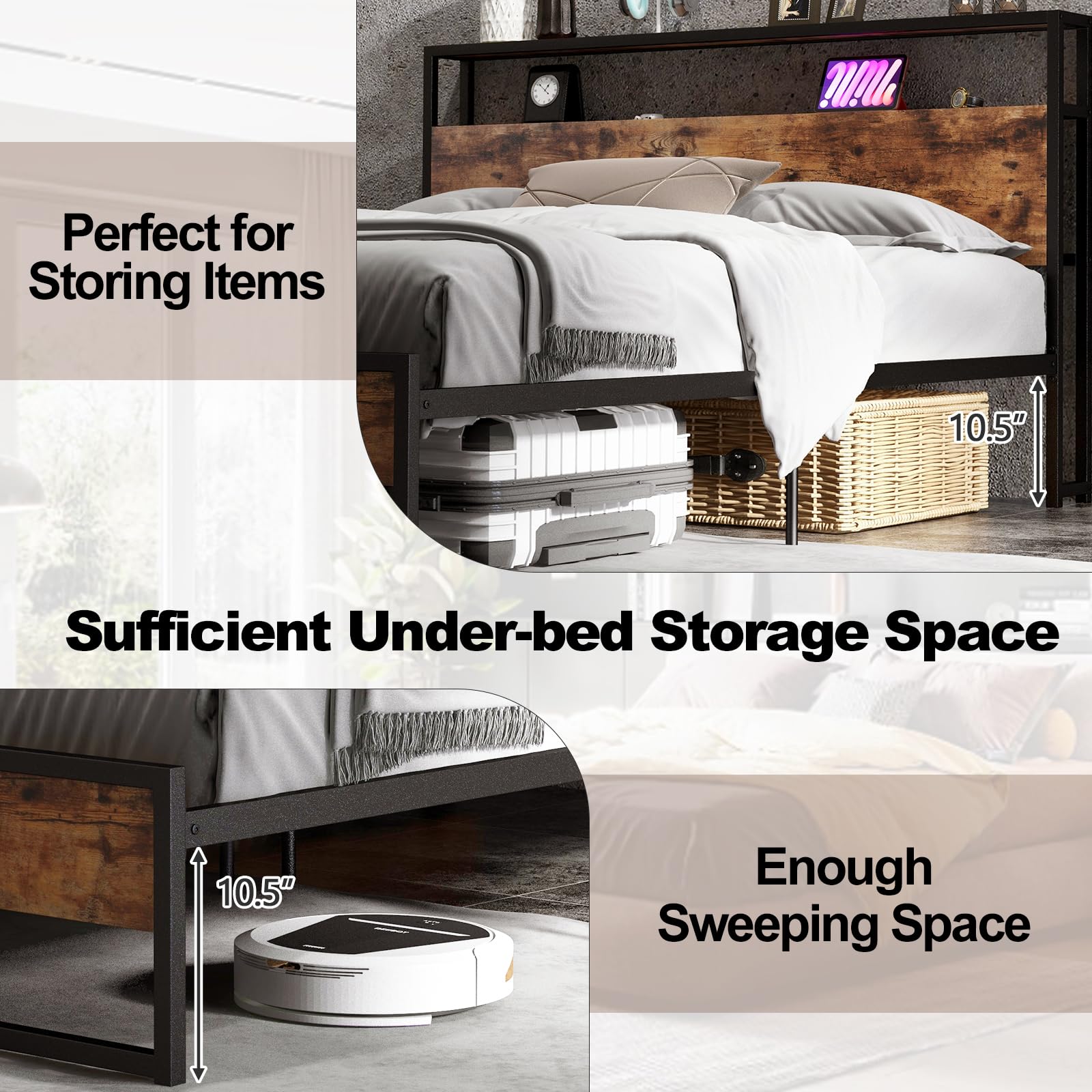 Giantex Queen Bed Frame with 2 Storage Drawers & USB Charging Station, Industrial Metal Platform Bed with 2-Tier Headboard Storage, Rustic Mattress Foundation with Reinforced Slats (No Box Spring Needed) - Perfect for Small Bedrooms, Studio Apartments & Modern Farmhouse Decor