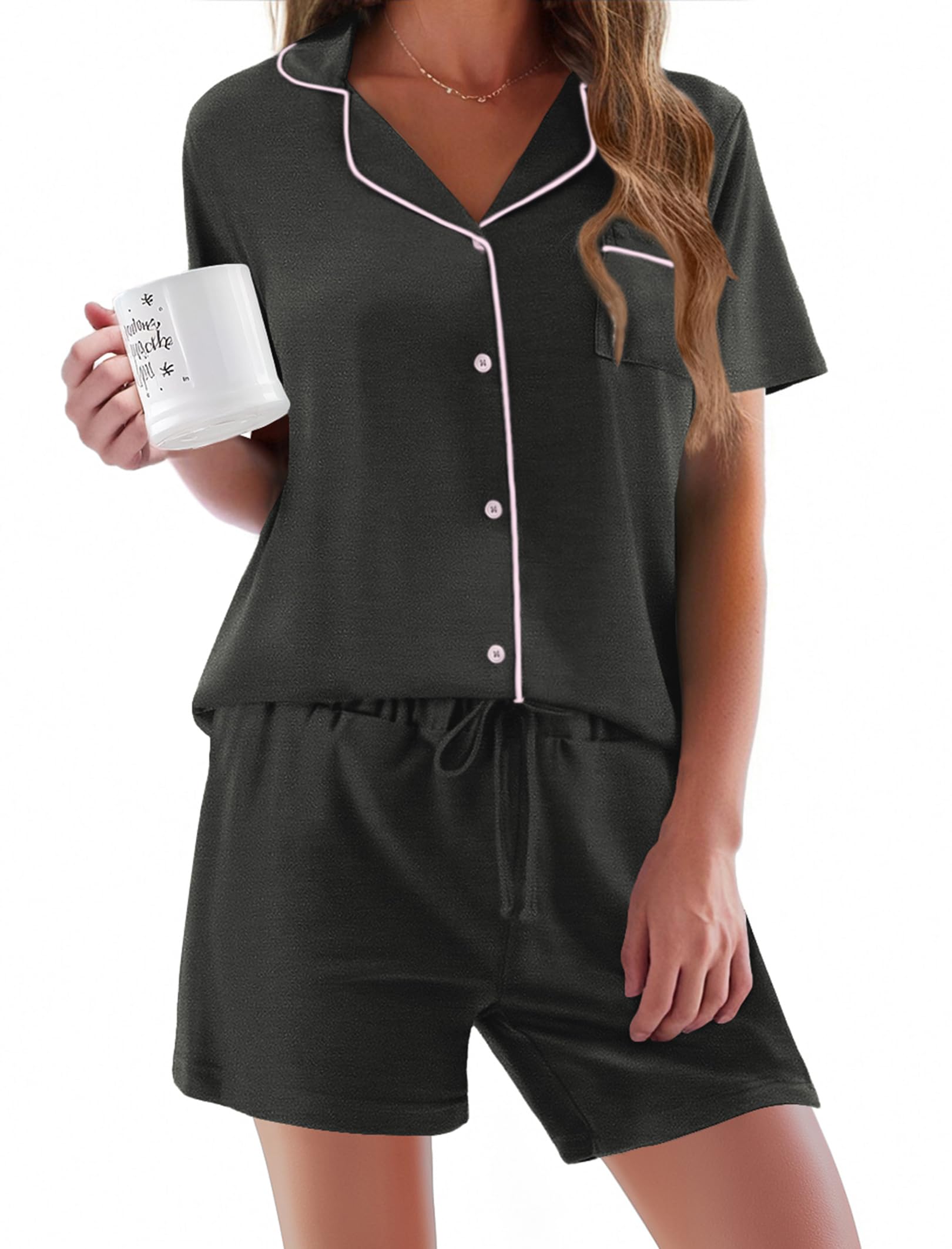 Ekouaer Women's Soft Short Sleeve Pajama Set - 2 Piece Button Down Sleepwear & Lounge Outfit for Comfortable Nights and Relaxing at Home